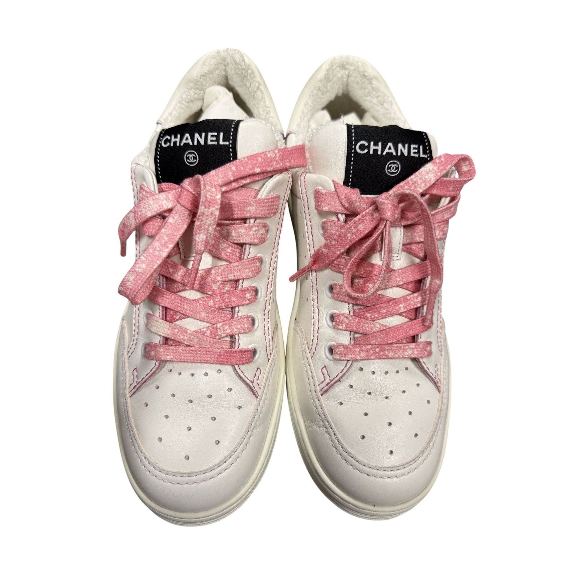 Chanel Chanel Womens White Sneakers With Pink Laces Faux Fur Lining Size US 8.5 / IT 38.5 - 1 Thumbnail