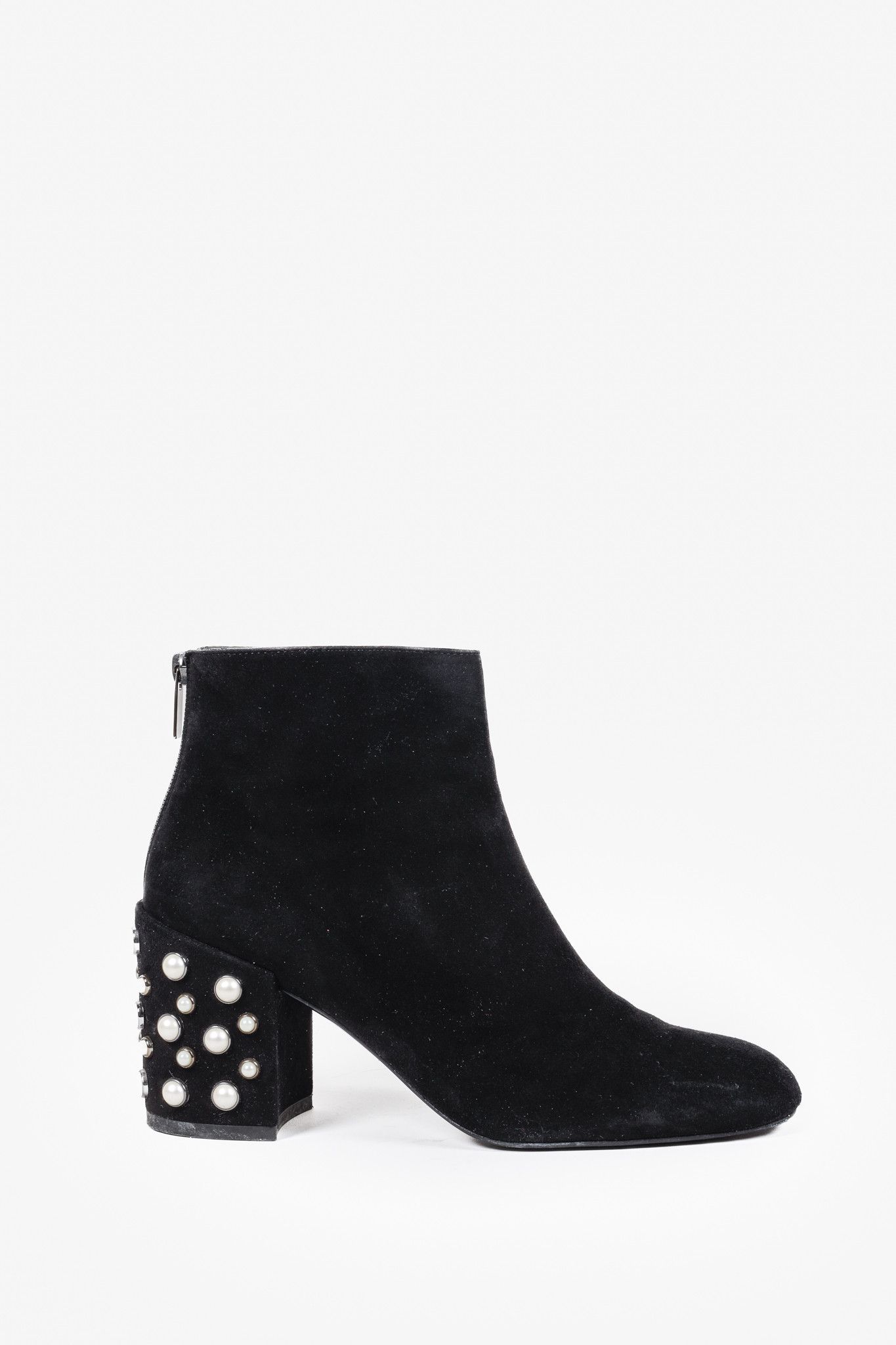 image of Stuart Weitzman Pearl Studded Block Heel Shoes Ankle Boots in Black, Women's (Size 9)