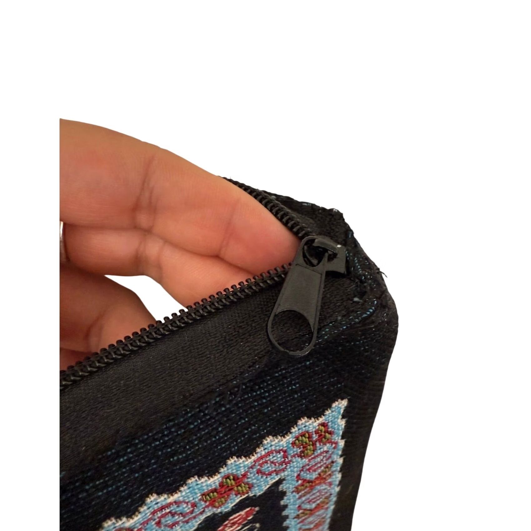 Vintage Independent 14" x 14.5" Black / Navy Embroidered Thai Elephant Zip Bag Shoulder Bag Women White Handles Size ONE SIZE - 4 Thumbnail