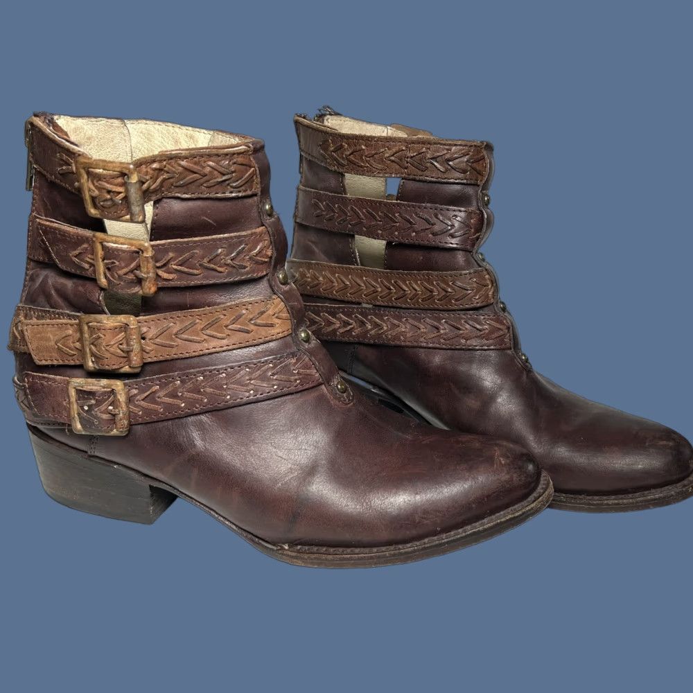 FREEBIRD FREEBIRD BY STEVEN Women's Bootie Brown Leather Distressed Roper Ankle Zipper Buckle 8 Modern Bohemian Size US 8 / IT 38 - 1 Thumbnail