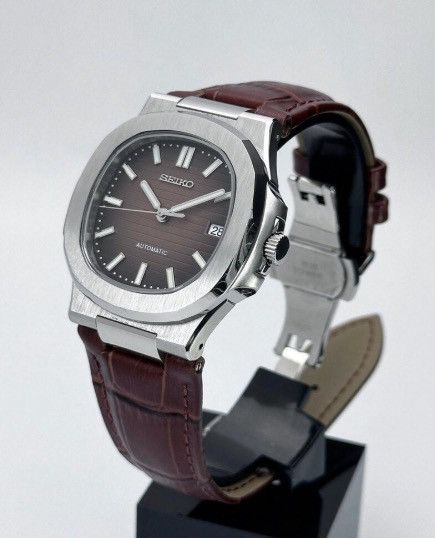 Japanese Brand Seiko Mod Nautilus Brown Dial Steel Watch Leather Strap 41mm Size ONE SIZE - 2 Thumbnail