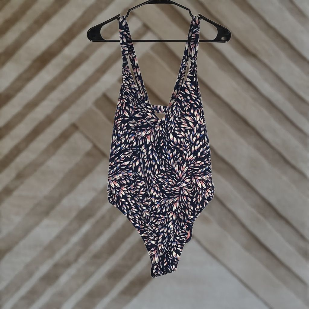 Vintage VINTAGE Carve Designs Womens XL Navy Blue Leaf Print V-Neck Strappy Back Swimsuit Size ONE SIZE - 1 Thumbnail