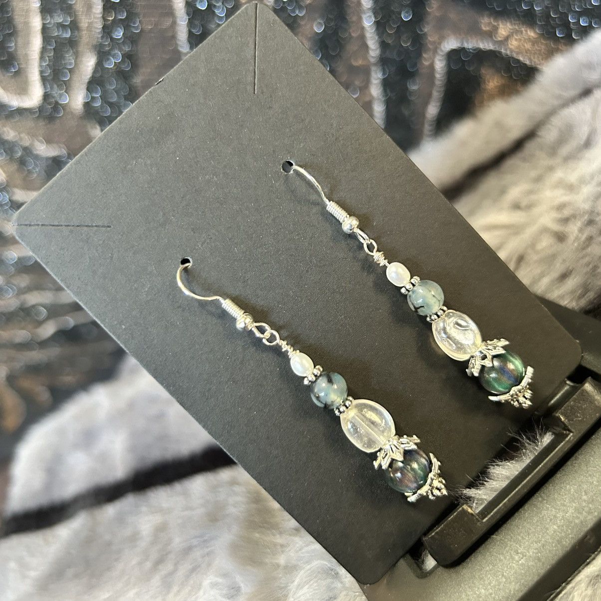 Handmade Handcrafted cat eye glass dragon vein agate earrings Size ONE SIZE - 1 Thumbnail