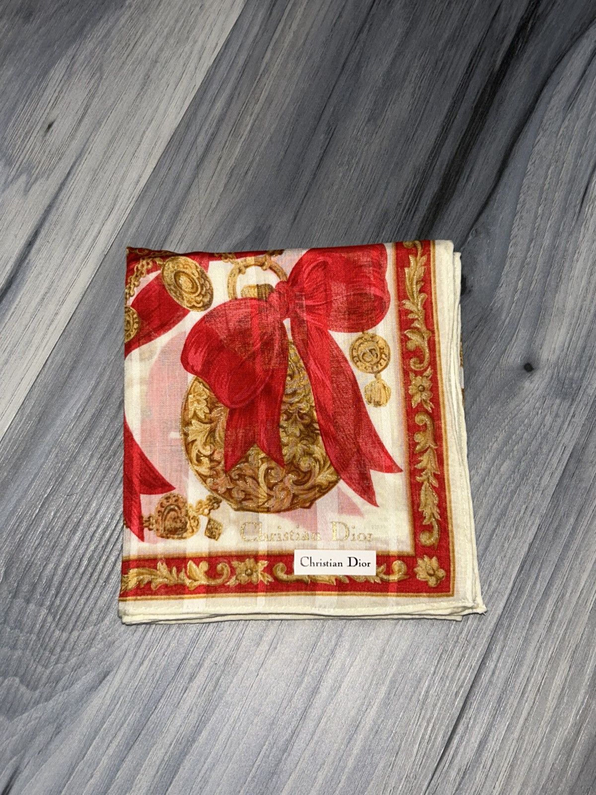 Dior Christian Dior Gold Chain Red Ribbon Cotton Handkerchief Size ONE SIZE - 12 Thumbnail