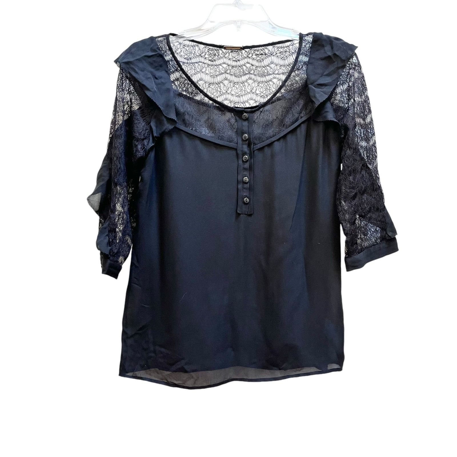 Rebecca Minkoff Rebecca Minkoff Black Silk Lace 3/4 Sleeve Henley Blouse Size S / US 4 / IT 40 - 1 Thumbnail