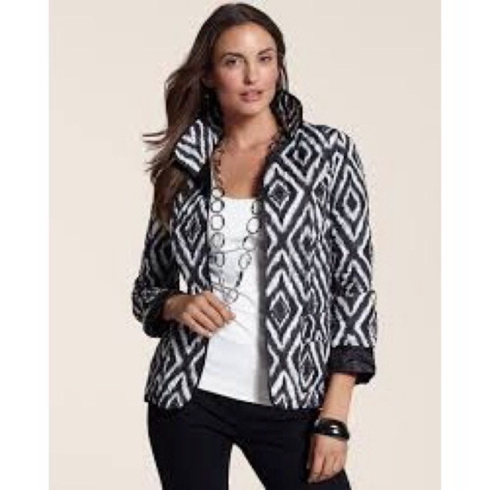 Chicos Chico's Quilted Black White Collared Open Front Jacket Size Size M / US 6-8 / IT 42-44 - 1 Thumbnail