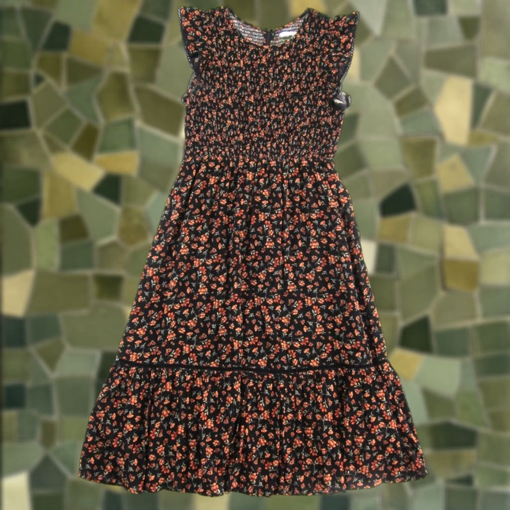 Vintage Lost + Wander Floral Cap Sleeve Rayon Midi Dress Medium Orange Black Green Prairie Dress Women Size M / US 6-8 / IT 42-44 - 1 Thumbnail