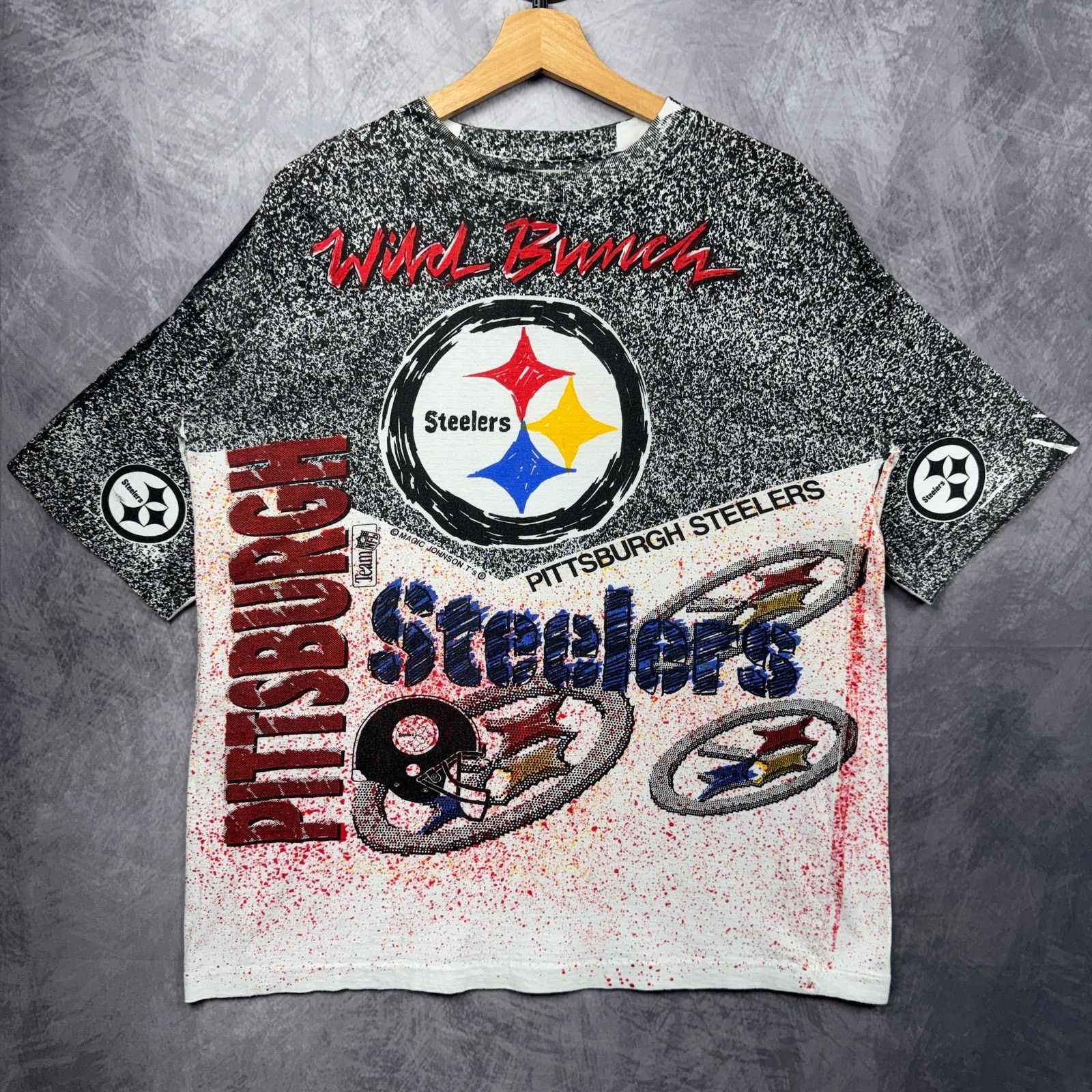 90s Black Pittsburgh Steelers NFL AOP Graphic Shirt L 4192