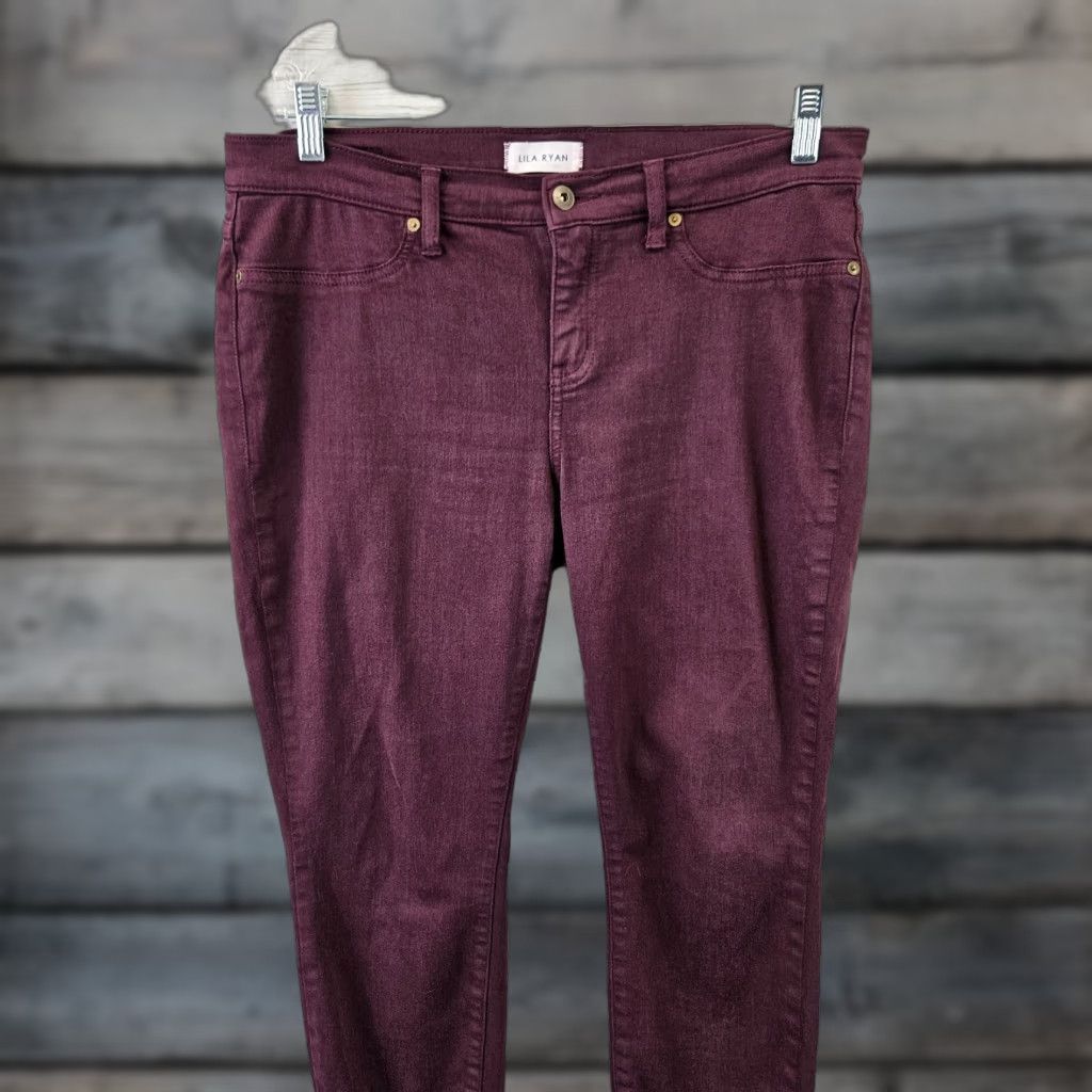 Vintage Lila Ryan Womens Cropped Pants Sz 30P Burgundy Mid Rise Cotton Blend Skinny Front Zip Petite Size 30" / US 8 / IT 44 - 1 Thumbnail