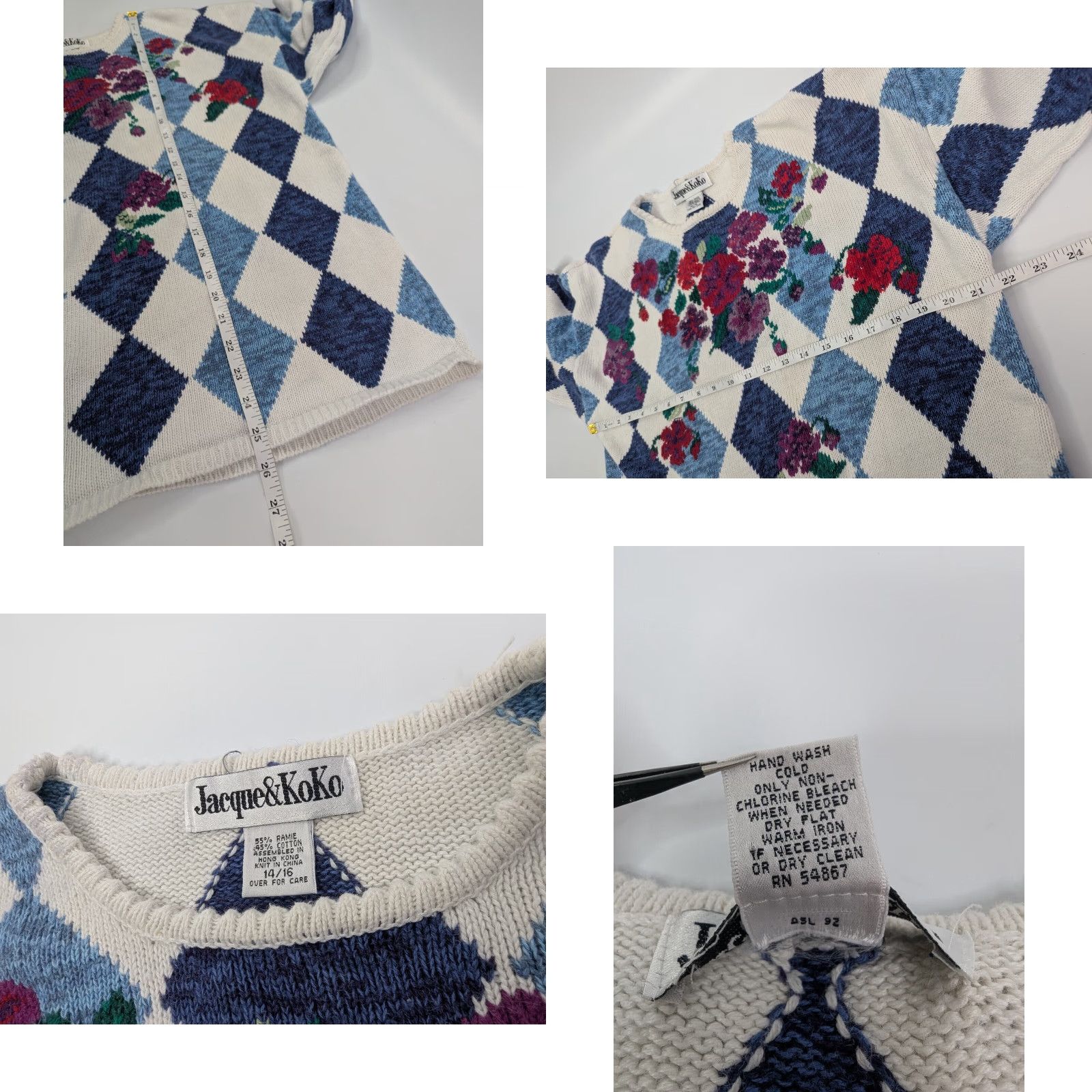 Vintage VINTAGE Jacque & KoKo Floral Diamond Argyle L/S Sweater Size 14/16 Ramie/Cotton Size XL / US 12-14 / IT 48-50 - 8 Thumbnail