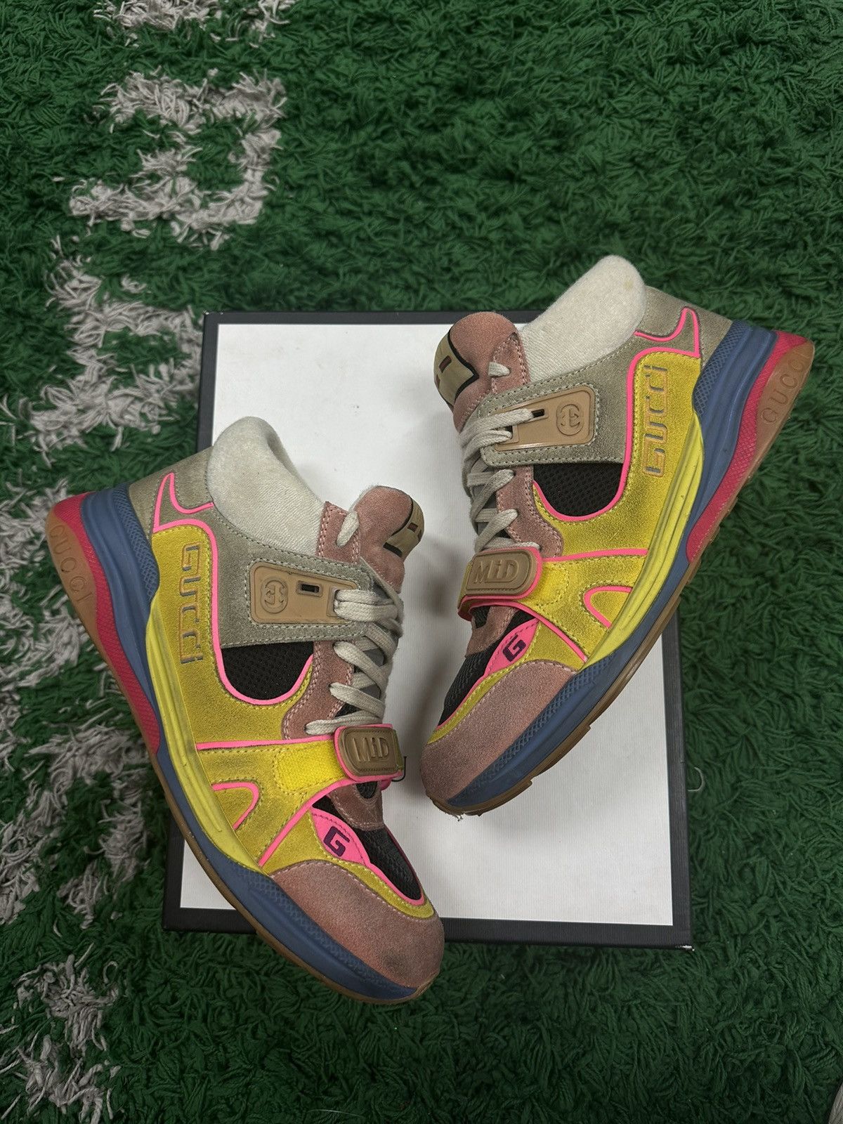 image of Gucci Mid Top Sneaker Yellow Pink Blue in Blue Pink Yellow, Men's (Size 10.5)