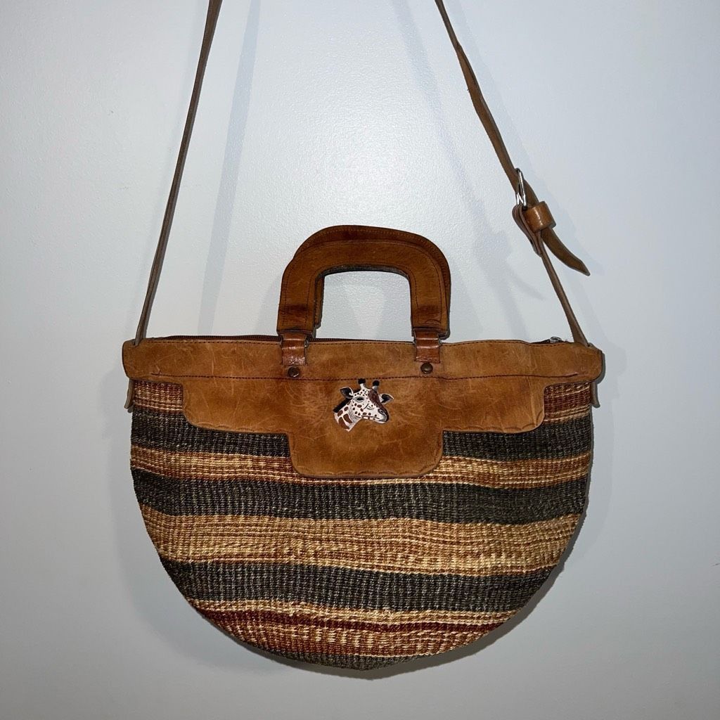 Vintage Vintage African Sisal Market Woven Bag Leather Handles & Str Size ONE SIZE - 4 Thumbnail