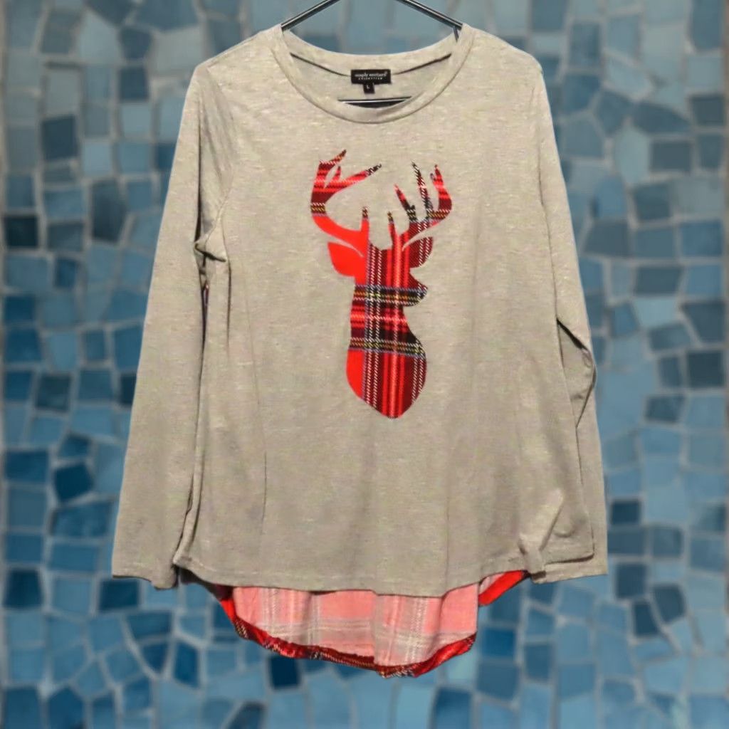 Vintage Simply Southern Women's L Red Plaid Deer Gray Long Sleeve Sleepshirt Gown Size L / US 10 / IT 46 - 1 Thumbnail