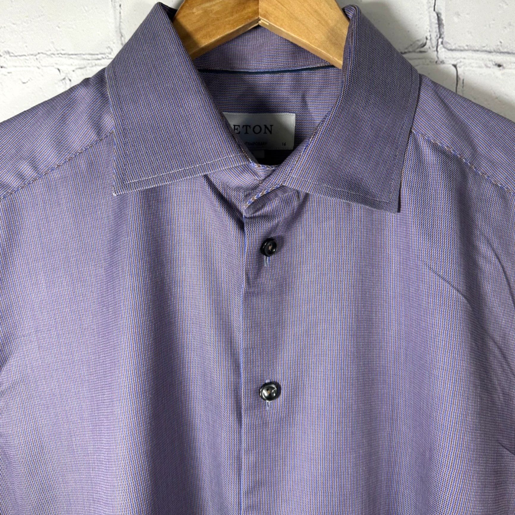 Eton Eton Dress Shirt Mens 16 Purple Blue Brown Micro Stripe 100% Cotton Regular Fit Shirt Size 42R - 2 Thumbnail