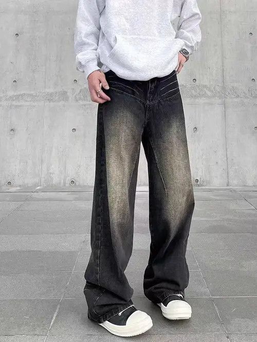image of Street Hiphop Retro Grunge Topstitch Wide Leg Jeans in Black, Men's (Size 32)