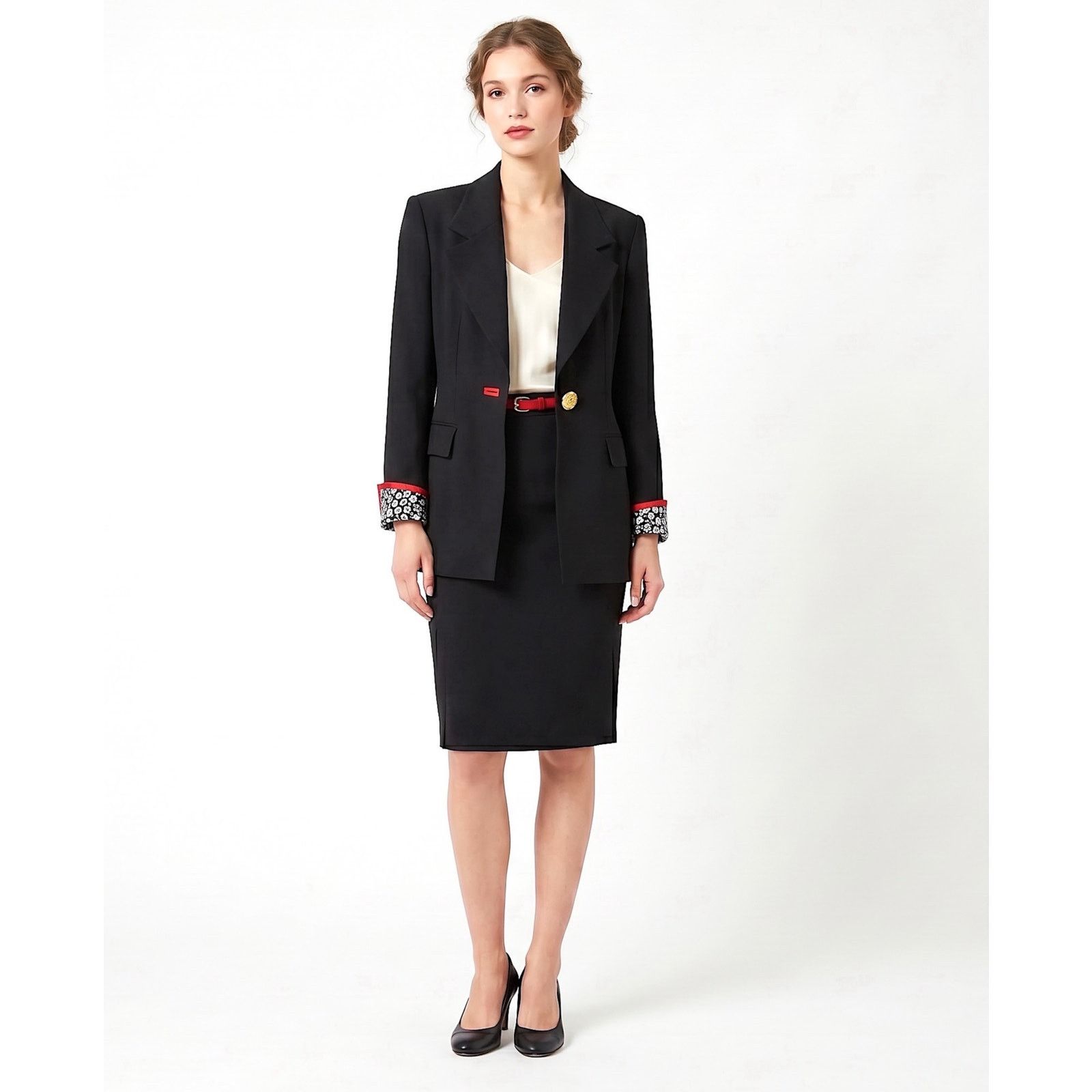 Vintage 90s Statment Blazer Black Red Trim Gold Button Floral Cuffs Size M / US 6-8 / IT 42-44 - 13 Thumbnail