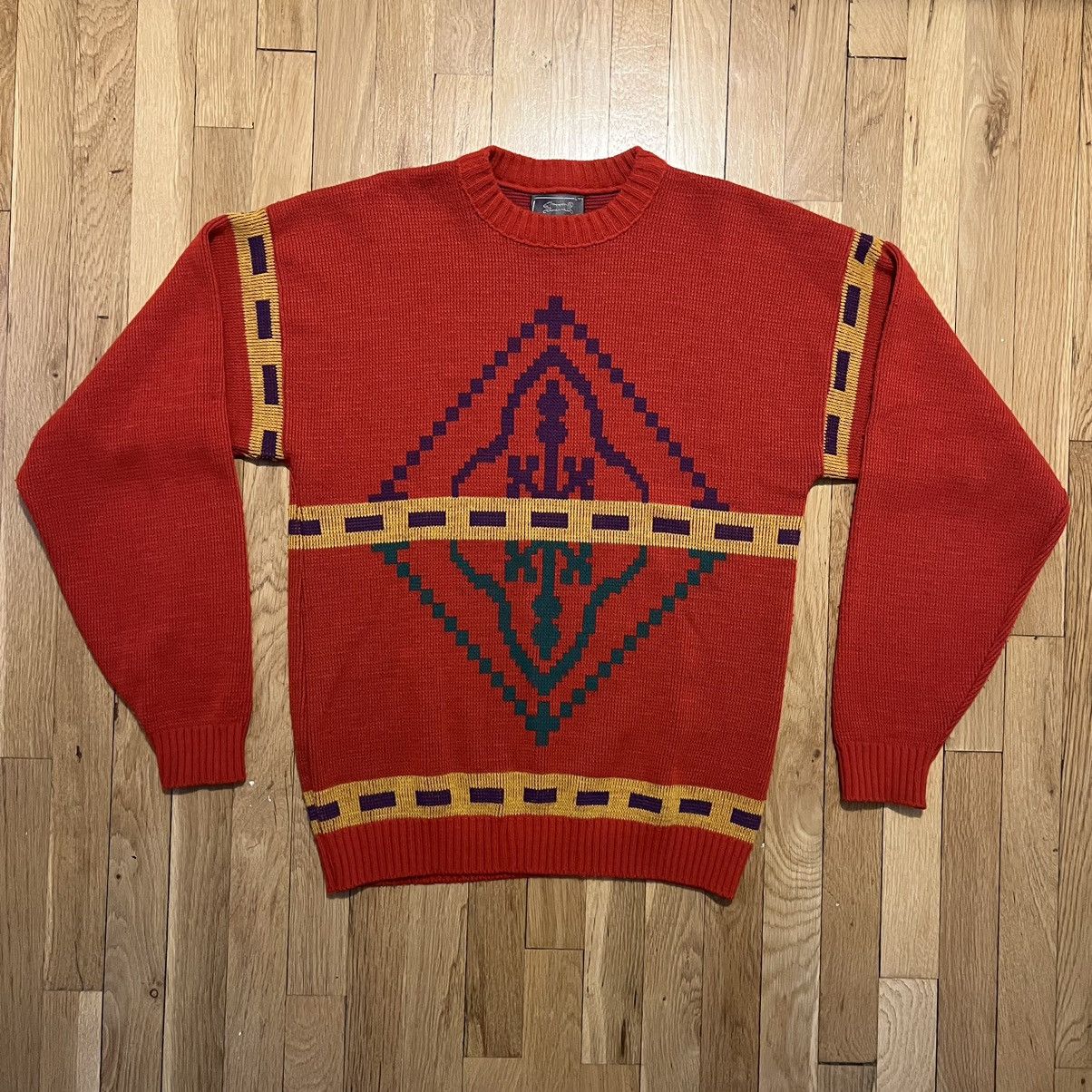 Le TIGRE Vintage Le Tigre Pullover Sweater 80s Aztec Red Large Size US L / EU 52-54 / 3 - 1 Thumbnail