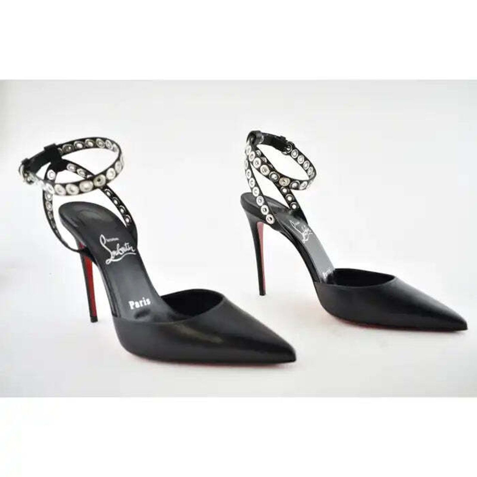Christian Louboutin Pumpaclou 100 Black Leather Ankle Strap Stud Heel Pump 38.5 Size US 8.5 / IT 38.5 - 4 Thumbnail