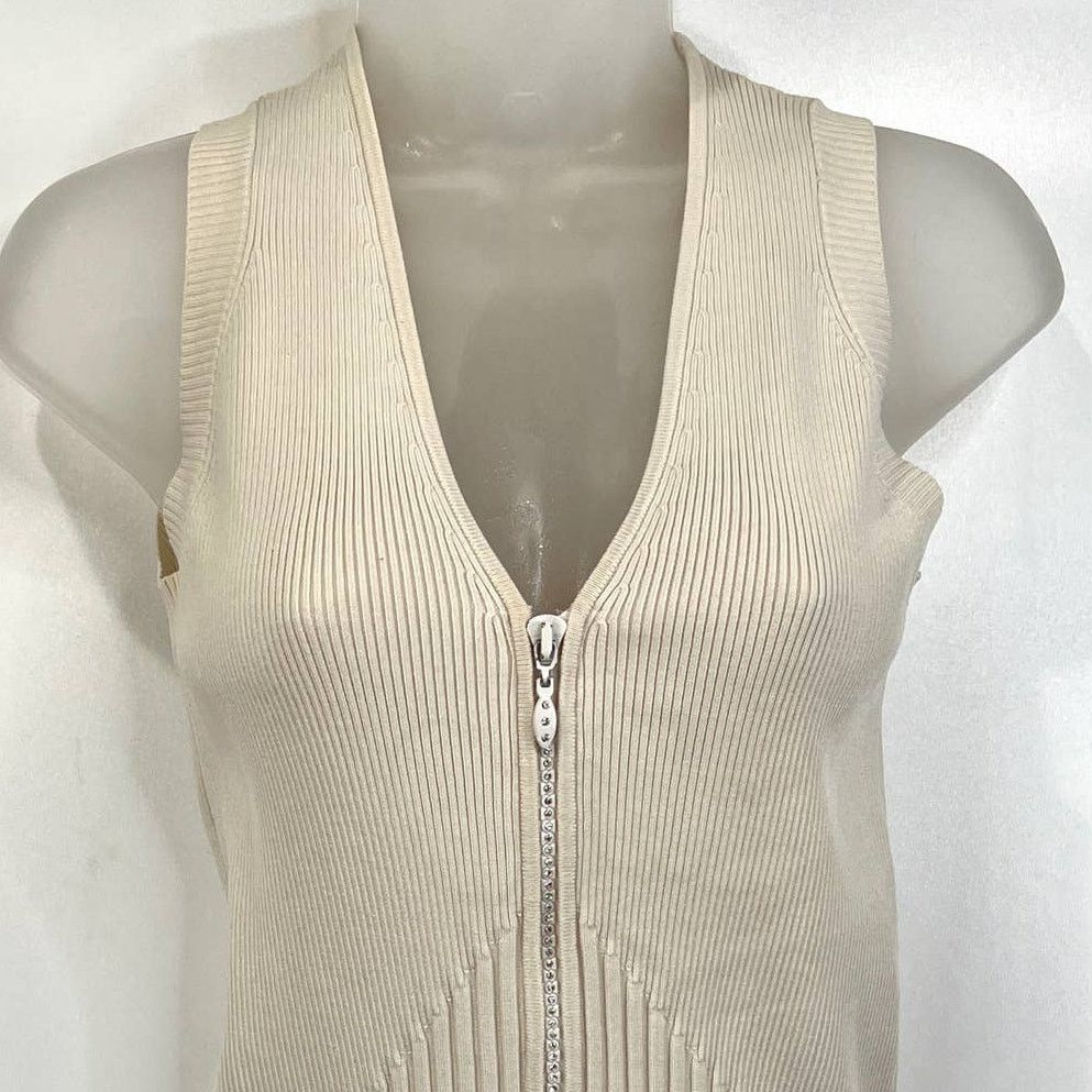 Vintage 90s Cache Ribbed Silk Top Sleeveless Rhinestone Zipper Size L / US 10 / IT 46 - 2 Thumbnail