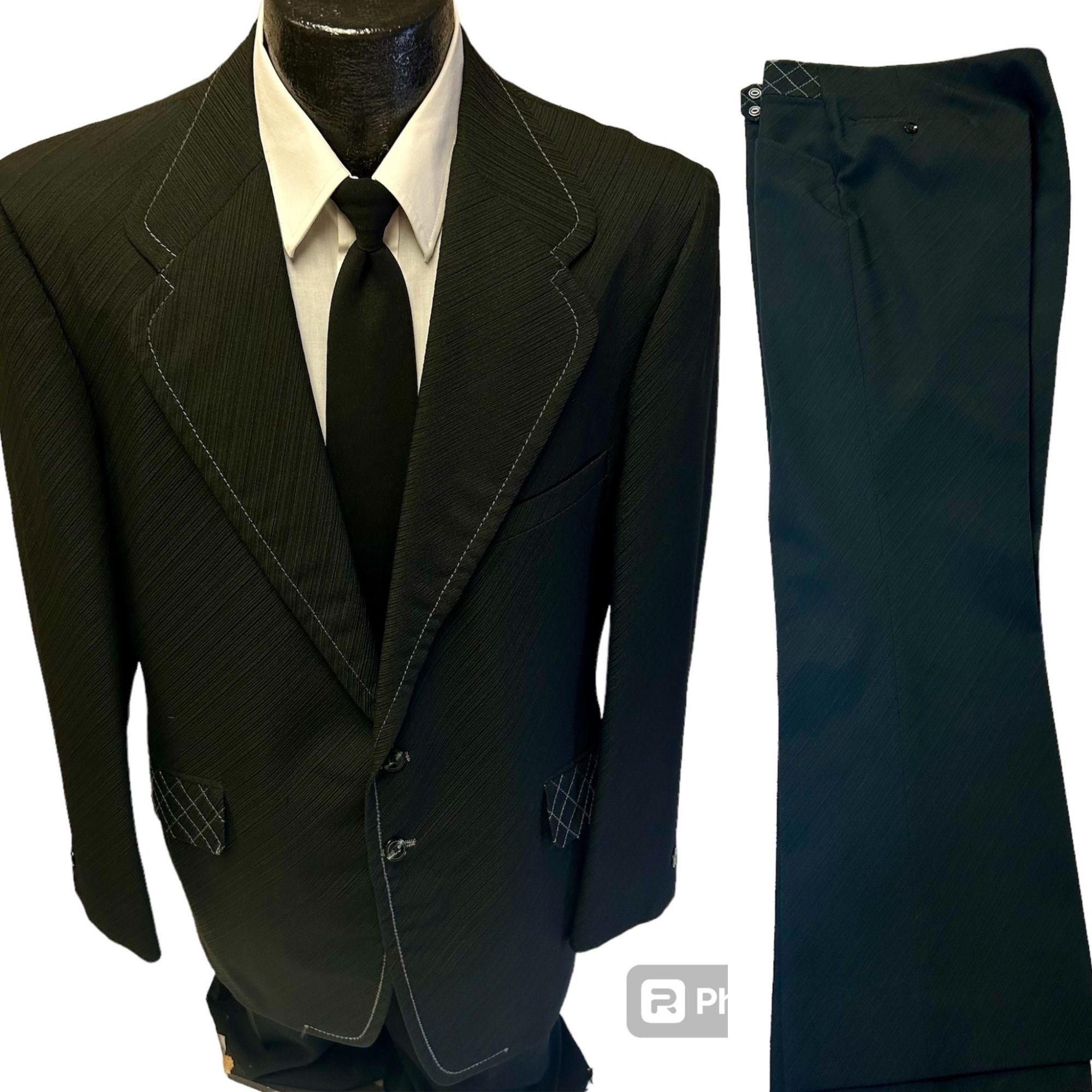 image of Unkwn 2 Pc 70's Ratner Black Textured Mod Belted Back Disco Suit, Men's (Size 44R)