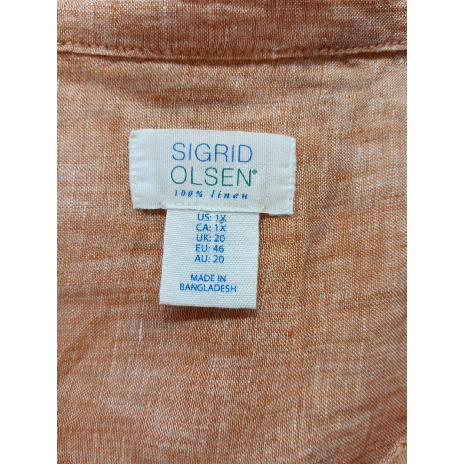 Vintage Sigrid Olsen Blouse Shirt 1X Orange Coral Button Up Linen Roll-Tab Sleeves Womens Regular Casual Travel Knit? Size XL / US 12-14 / IT 48-50 - 3 Thumbnail