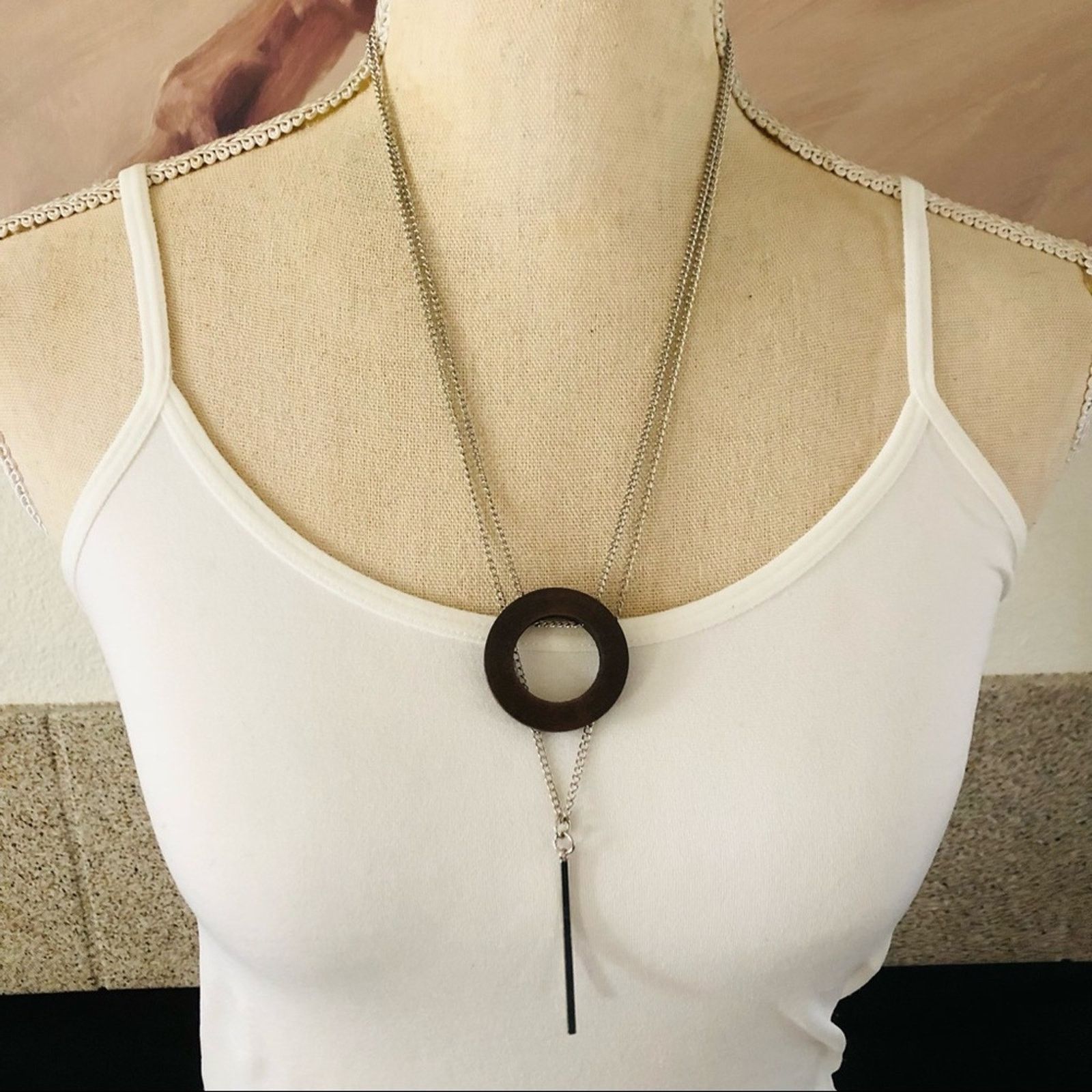 Jewelry Double strand layered silver plated bar wood disc necklace Size ONE SIZE - 1 Thumbnail