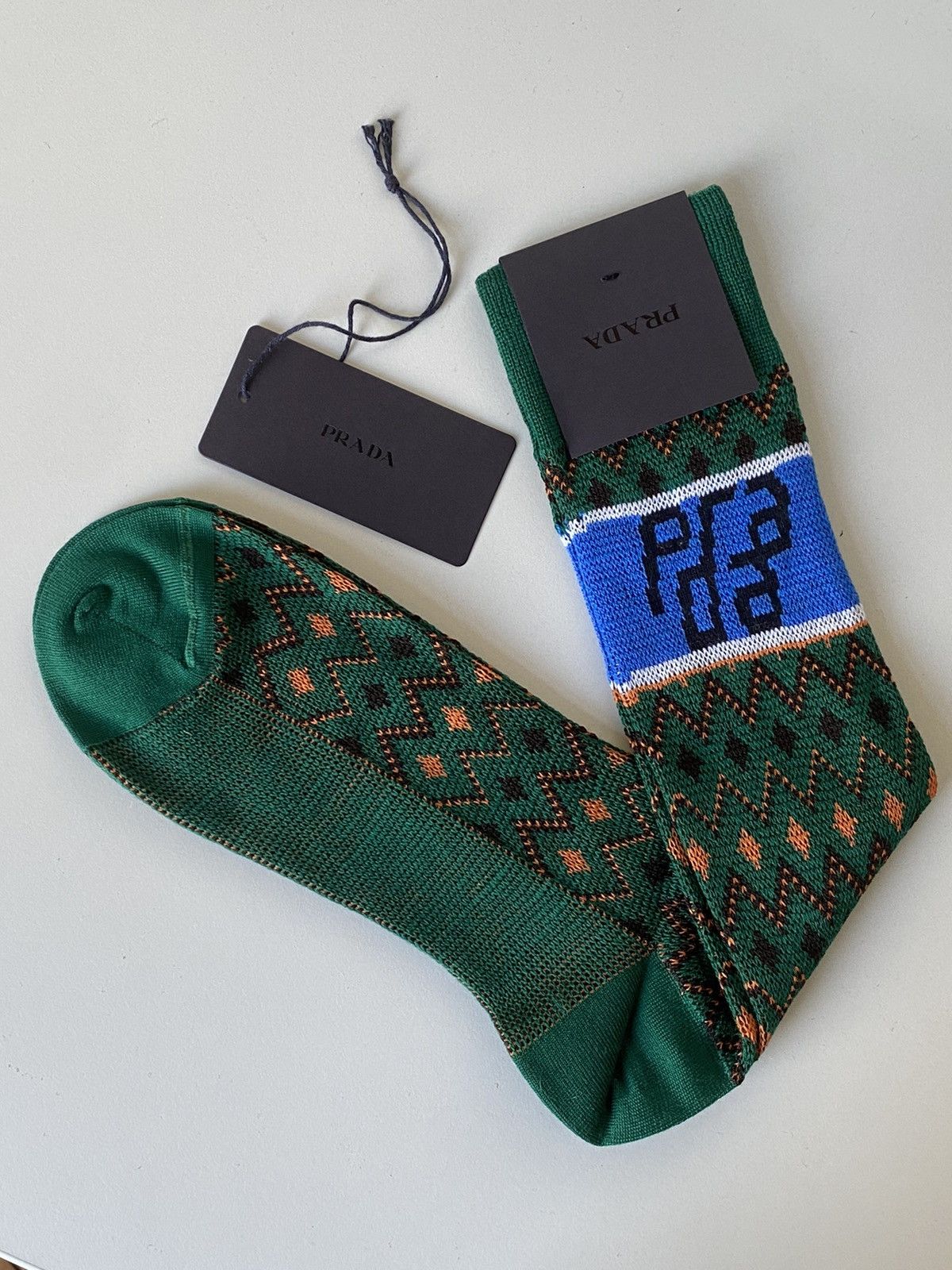 image of Prada Logo Socks in Green, Men's