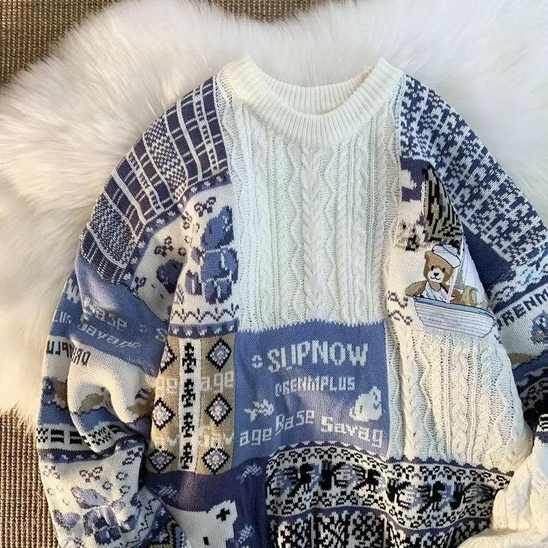 Japanese Brand × Vintage Blue retro bear print crew neck knit sweater Size US M / EU 48-50 / 2 - 3 Thumbnail