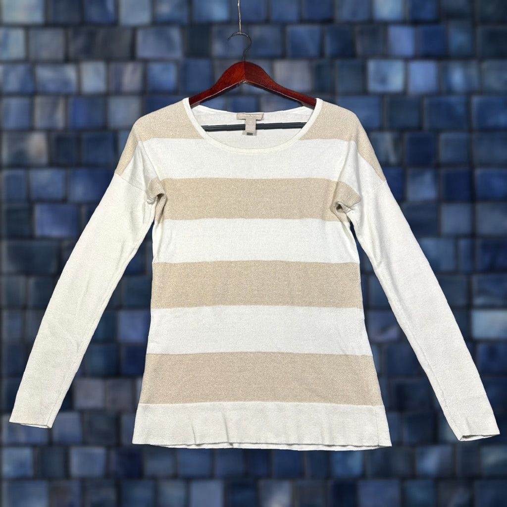 Banana Republic Banana Republic Sweater Womens XS Beige Gold Sparkle Knit Lightweight Striped Pullover Regular Size Type Knit Clothing Size XS / US 0-2 / IT 36-38 - 1 Thumbnail