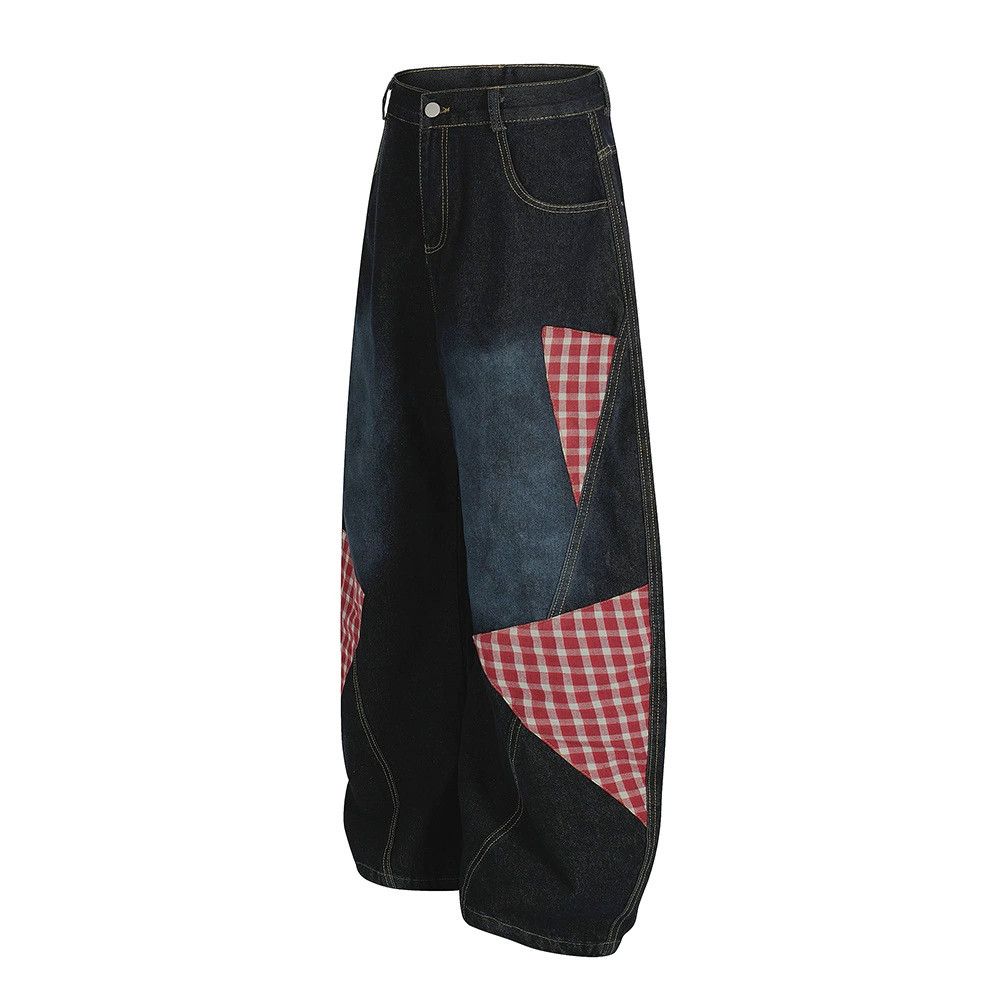 Jean Men's punk loose patchwork plaid scimitar jeans Size US 32 / EU 48 - 2 Thumbnail