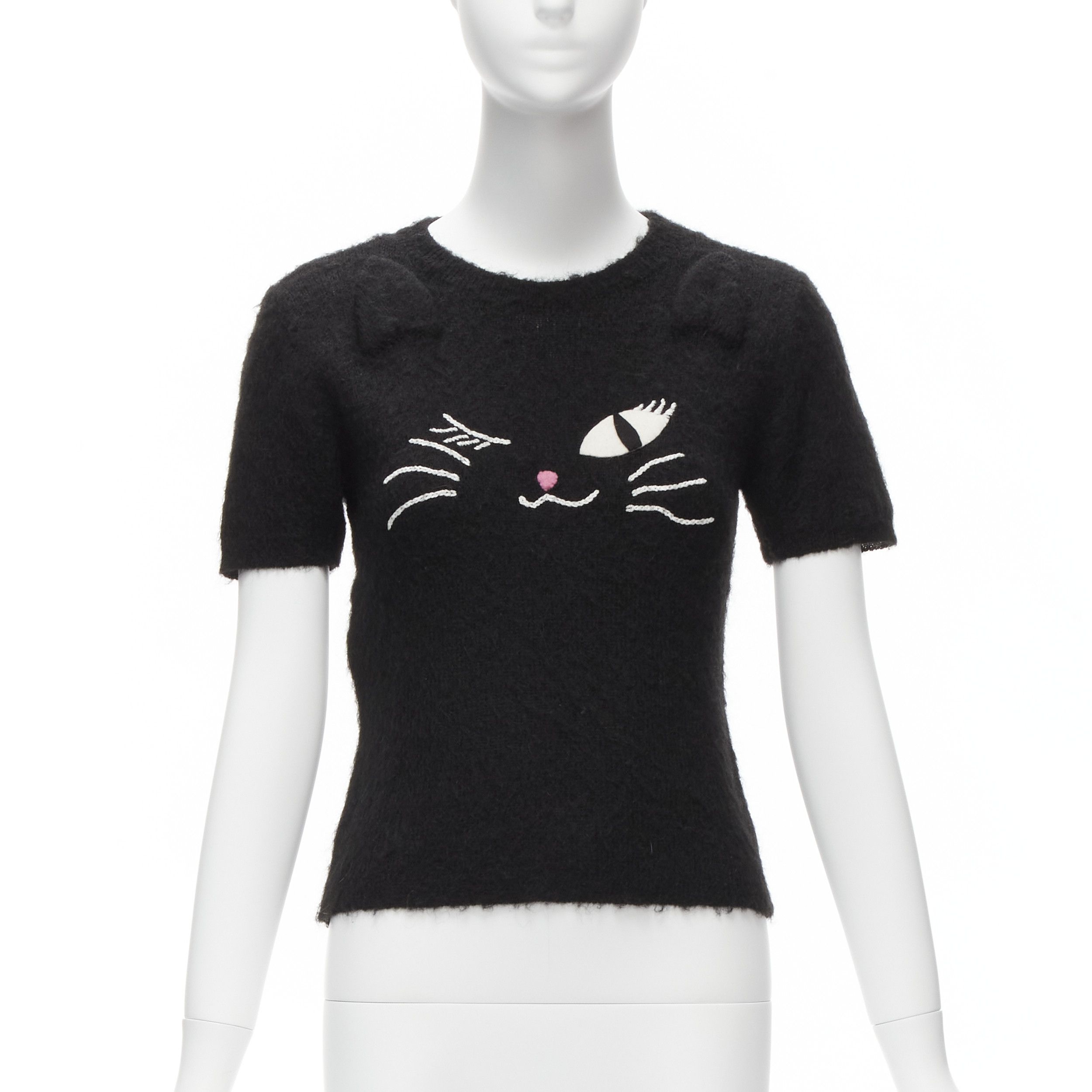 Moschino rare MOSCHINO BOUTIQUE black winking cat 3D ears furry cropped sweater IT42 M Size M / US 6-8 / IT 42-44 - 1 Thumbnail