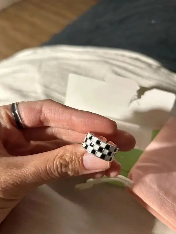 Jewelry Unique Black and White Grid Pattern Adjustable Ring Size ONE SIZE - 3 Thumbnail