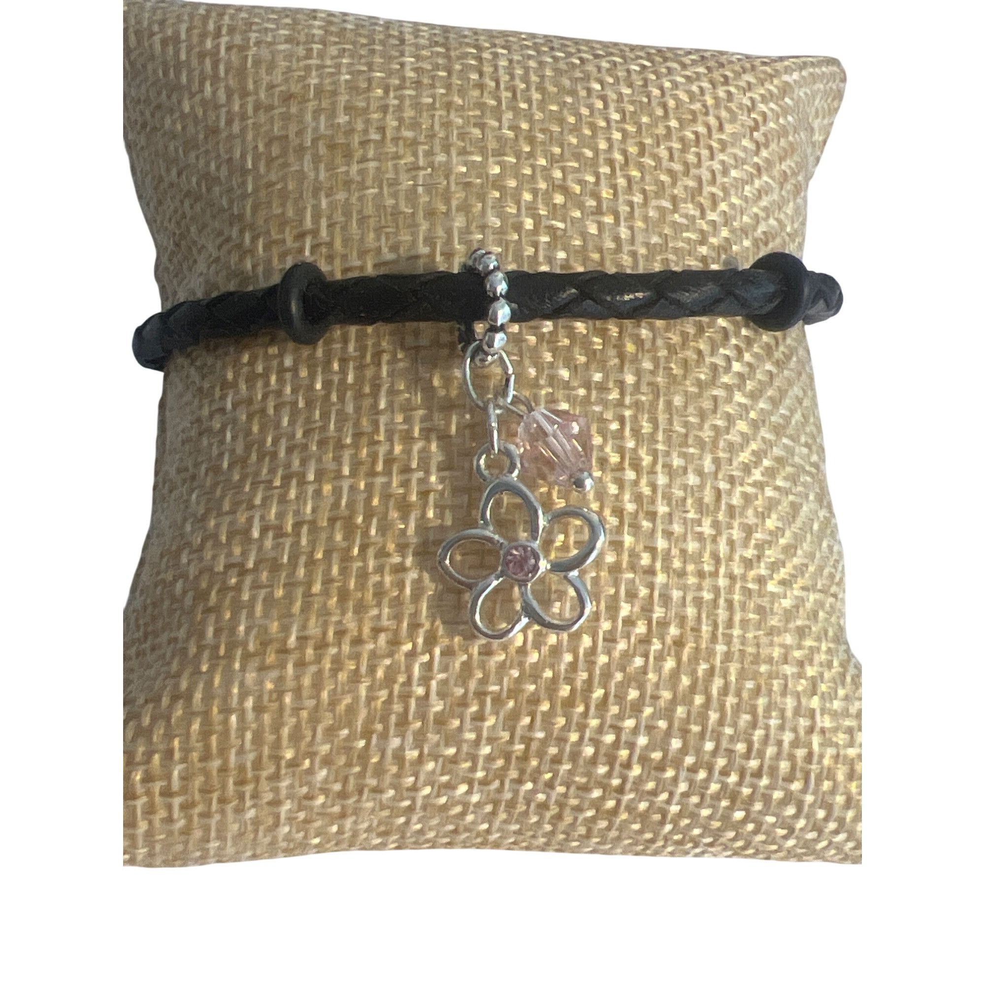 Other Davinci Black Braided Leather Bracelet Silver Plated Flower Size ONE SIZE - 1 Thumbnail