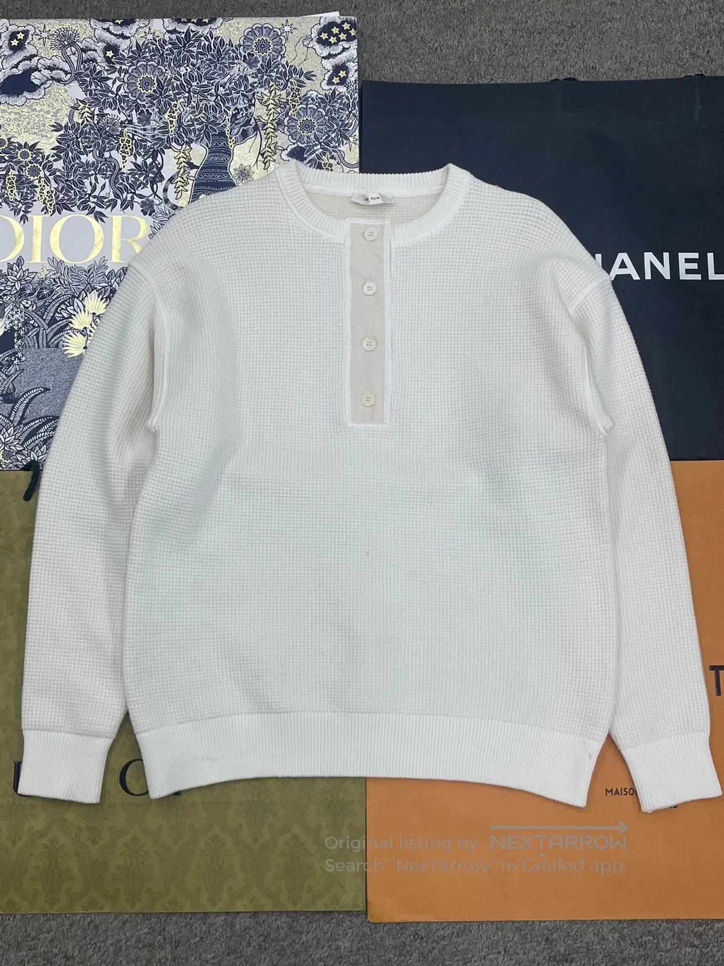 The Row White Waffle Knit Long Sleeve Henley Top Xs, Men’s