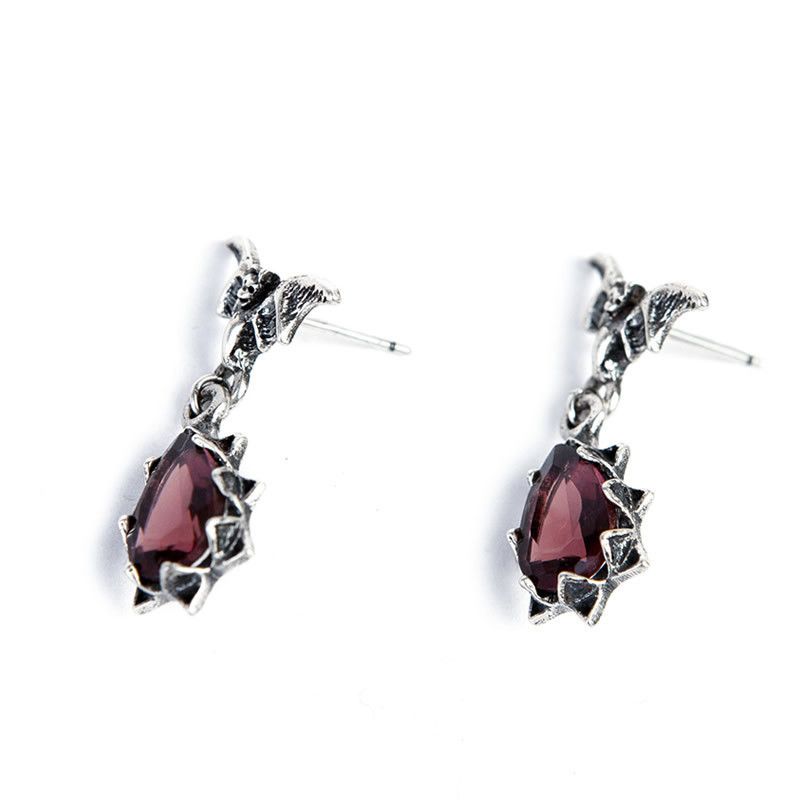 Jewelry 925 Silver Bat Red Stone Retro Earrings One Pairs Chrome Size ONE SIZE - 6 Thumbnail