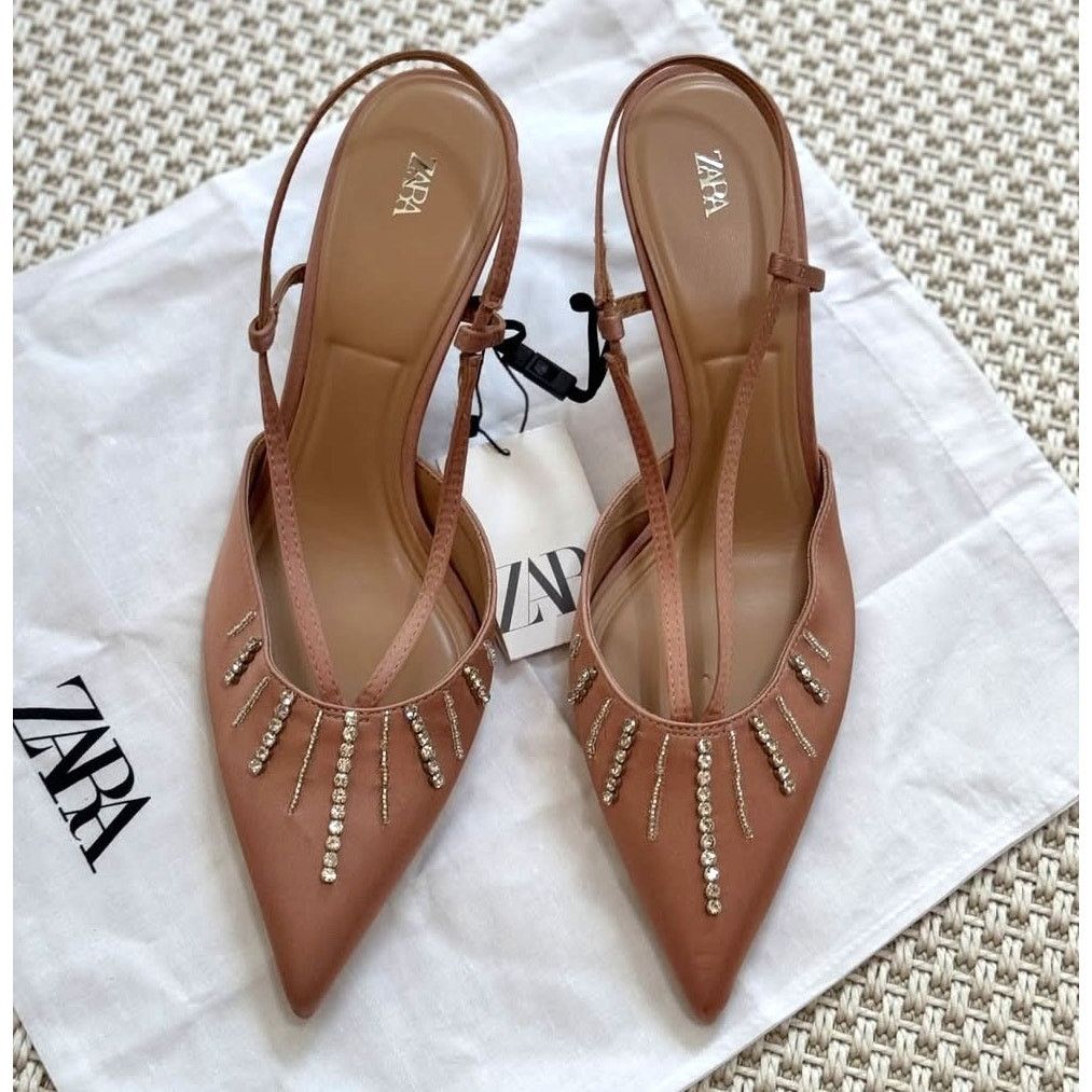 Zara ZARA Beige Rhinestone Slingback Heels NWT Size US 7.5 / IT 37.5 - 13 Thumbnail