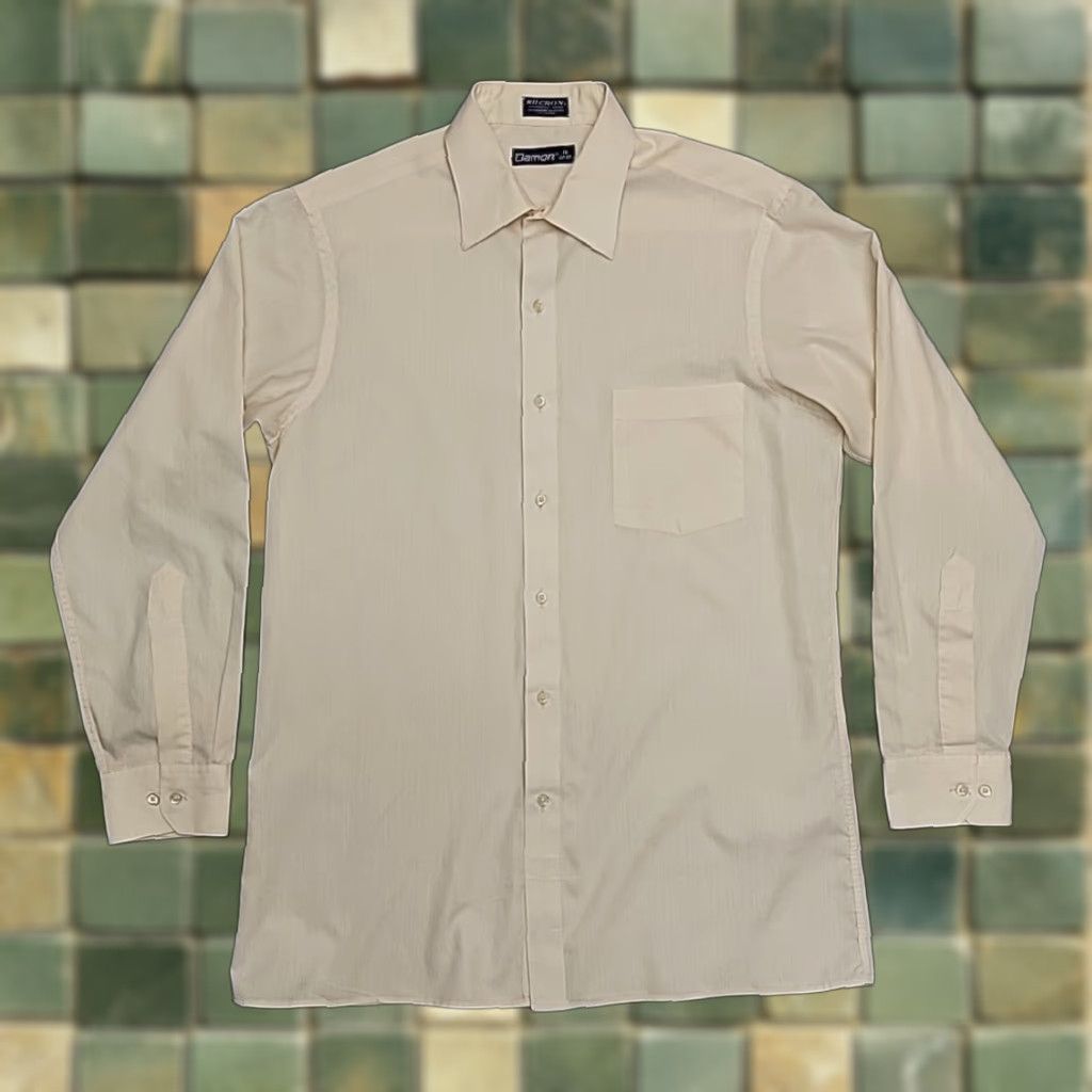 Vintage VINTAGE Damon Silcron Dress Shirt Mens 16 32/33 Yellow Dacron Blend Retro Office Button-Up Long Sleeve Collared Mens Regular XS? Size 42R - 1 Thumbnail