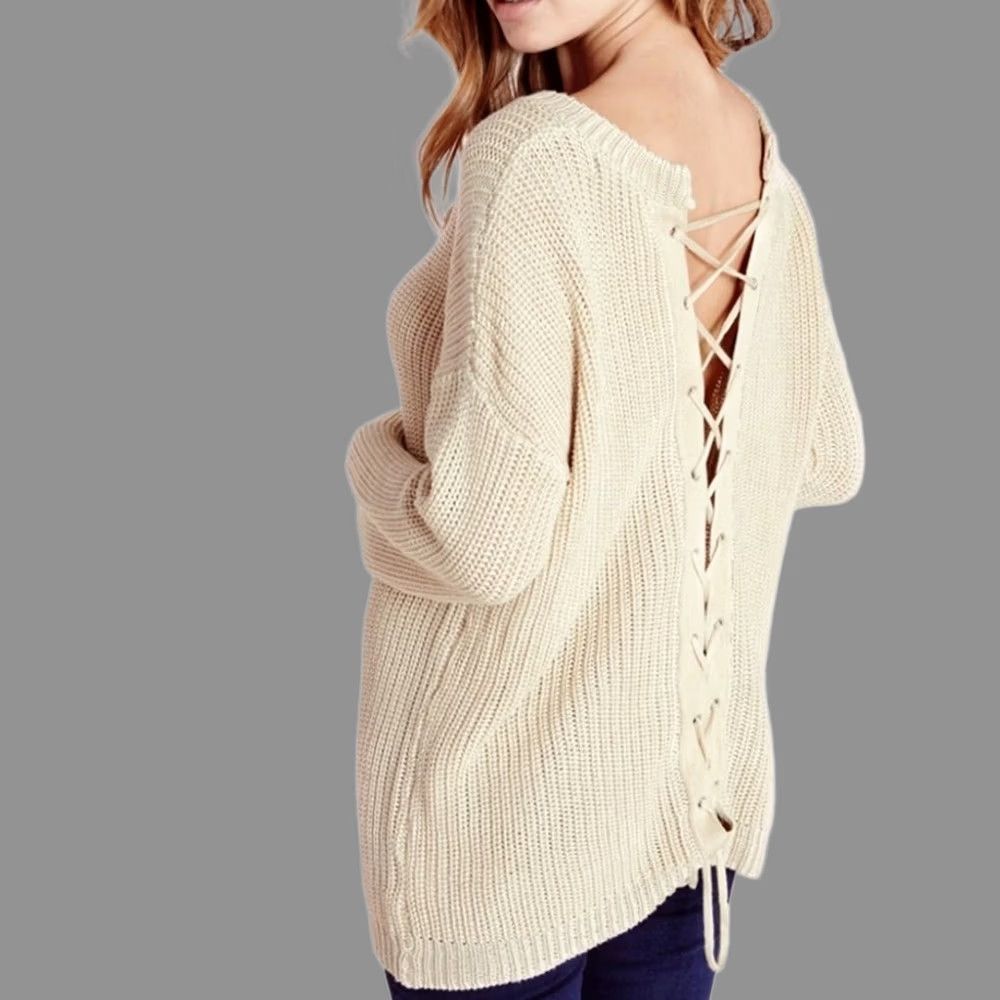 Vintage Beige Lace Up Back Ribbed Knitted Sweater Women M O Neck Scoop Neck Drop Shoulder Pullover Long Sleeve 100%Acrylic VINTAGE? Size M / US 6-8 / IT 42-44 - 1 Thumbnail