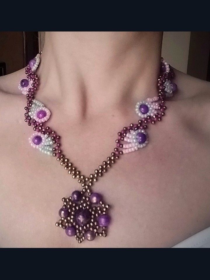 Handmade Necklace. Vintage, antique brass purple pearls. Earrings Size ONE SIZE - 8 Thumbnail
