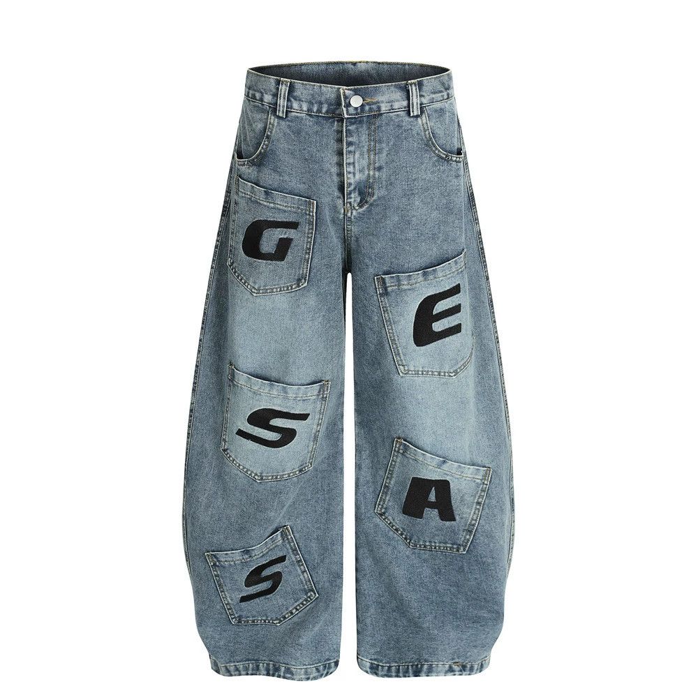 Jean Men's letter embroidery multi-pocket scimitar jeans Size US 32 / EU 48 - 1 Thumbnail