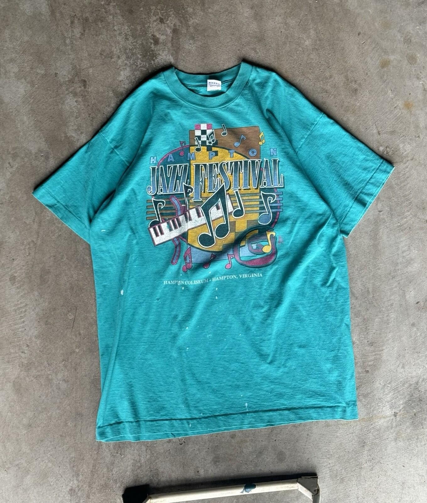 Vintage Vintage 90s Paint Splatter Hampton Jazz Fest-Shirt XL Teal Size US XL / EU 56 / 4 - 1 Thumbnail