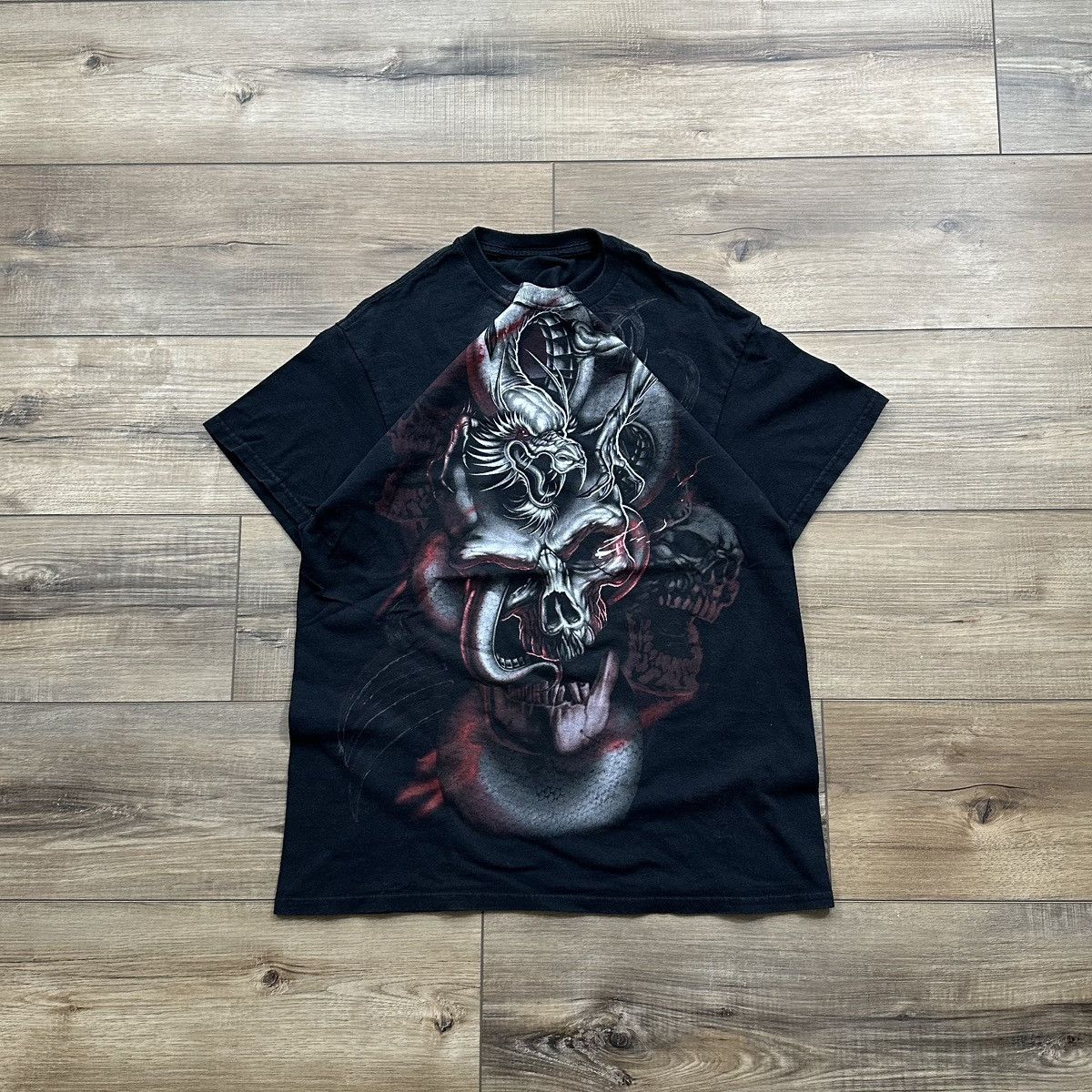 Other Vintage 2000s Y2K Black Skull AOP Grunge Graphic Tee Size US M / EU 48-50 / 2 - 1 Thumbnail