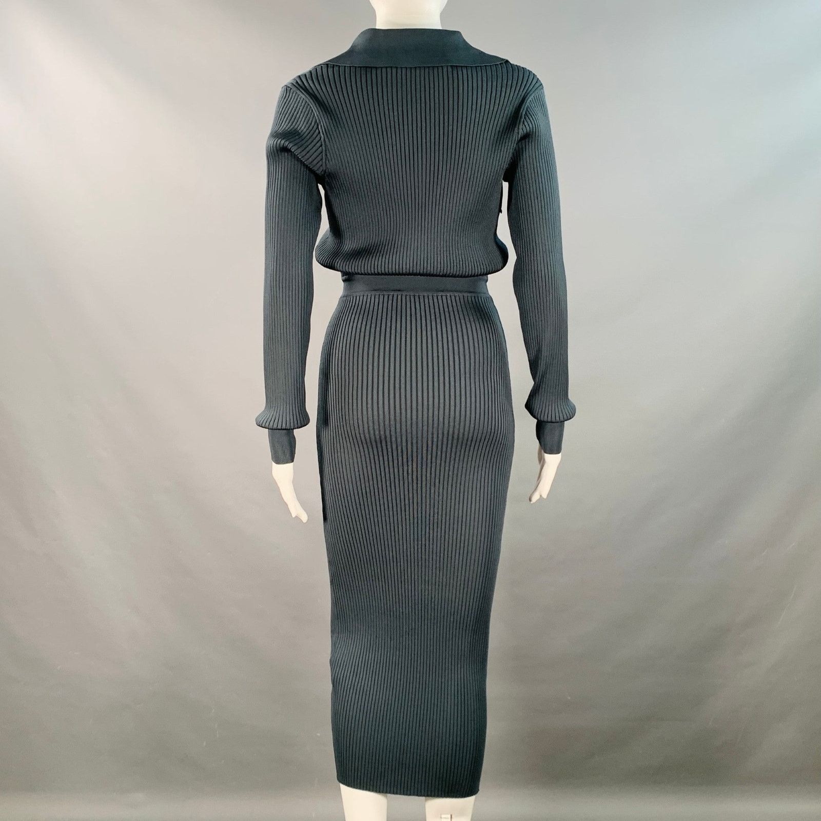 Self-Portrait Dark Green Grey Viscose Blend Rib Knit Midi Shirt Dress Size S / US 4 / IT 40 - 4 Thumbnail