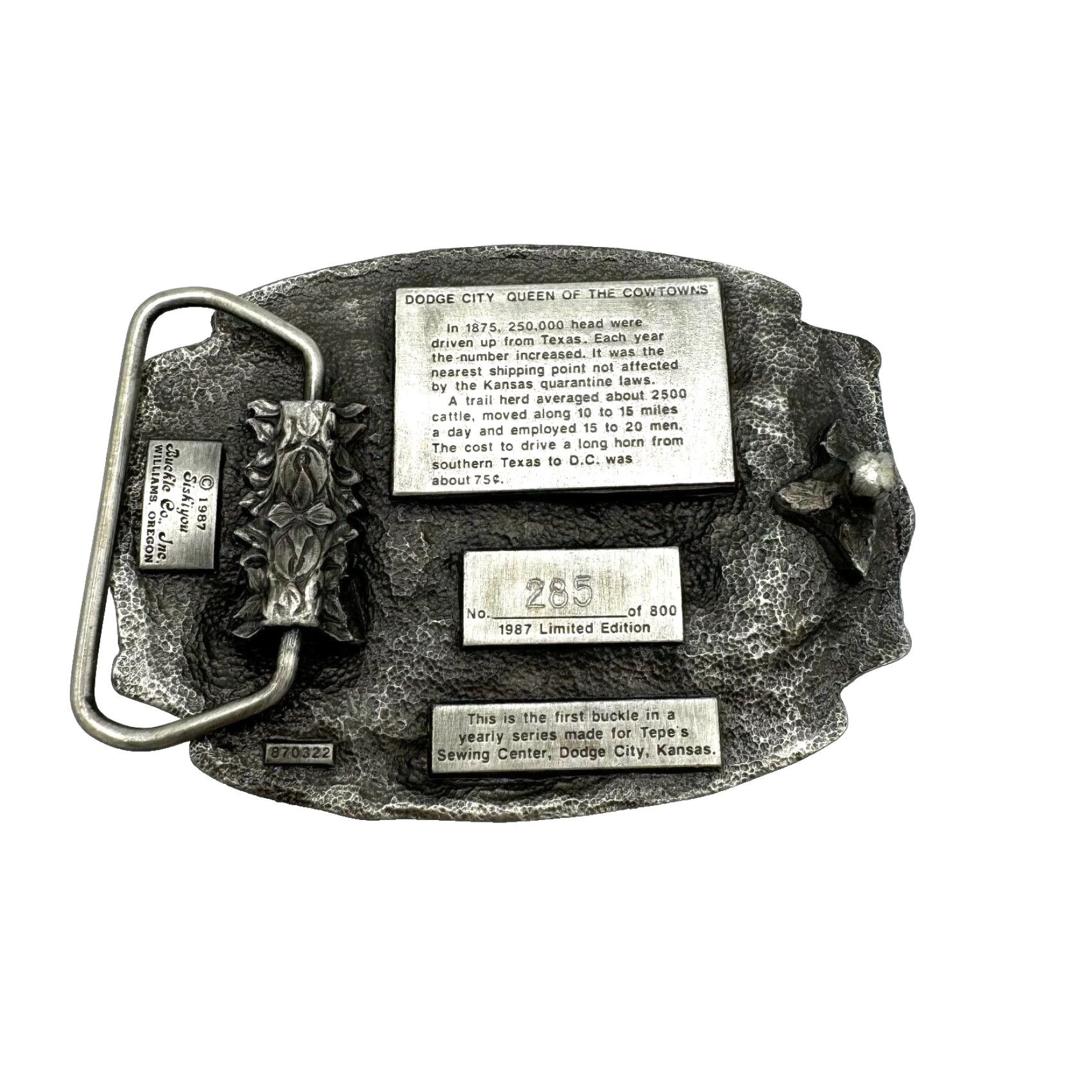 Vintage VINTAGE 1987 Dodge City Kansas Railroad Cattle Metal Belt Buckle Siskiyou 285/800 Mens Women Adults Unisex Silver Cowboy Western Mid 80s Gift Size ONE SIZE - 2 Thumbnail