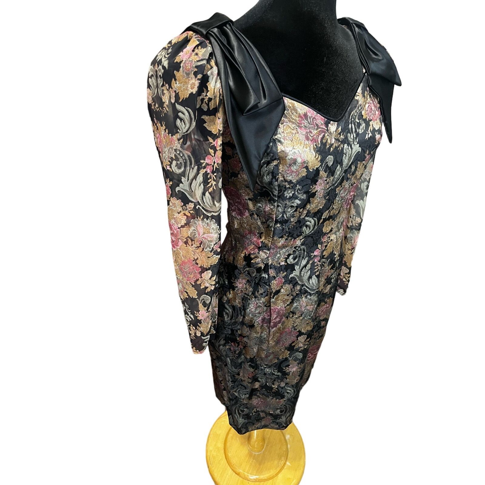 Vintage Vintage 80s Midnight Glo Black Bow Floral Mini Dress Small 8 Size S / US 4 / IT 40 - 6 Thumbnail