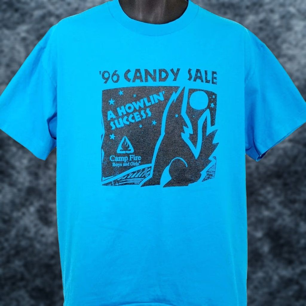 Hanes VINTAGE Hanes Camp Fire Boys And Girls T Shirt Mens Large 90s Candy Wolf Moon USA Blue Cotton Blend Short Sleeve Crew Neck Graphic Tee Mens Size US L / EU 52-54 / 3 - 1 Thumbnail