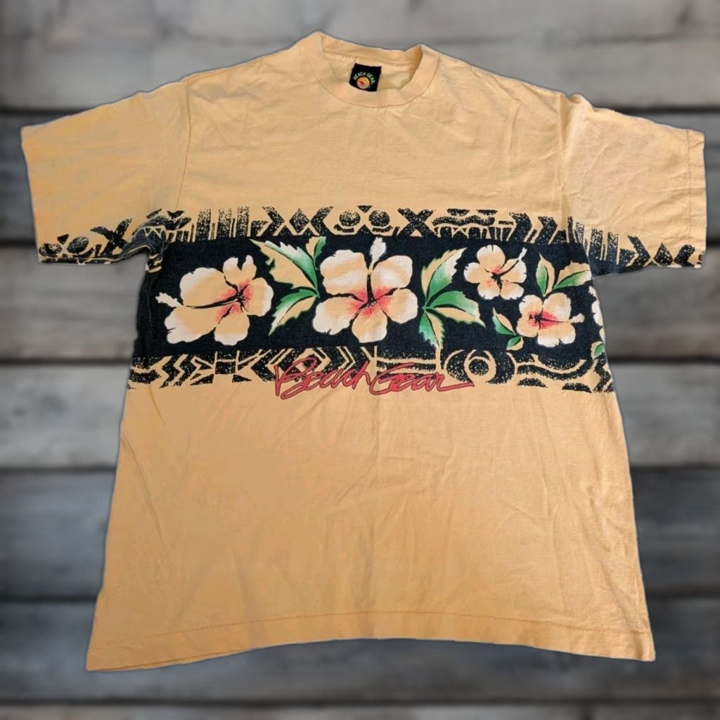 Vintage VINTAGE Beach Gear XL Hawaiian Floral T-Shirt Made in USA Yellow Short Sleeve Double-Sided 90s Mens Size US XL / EU 56 / 4 - 1 Thumbnail