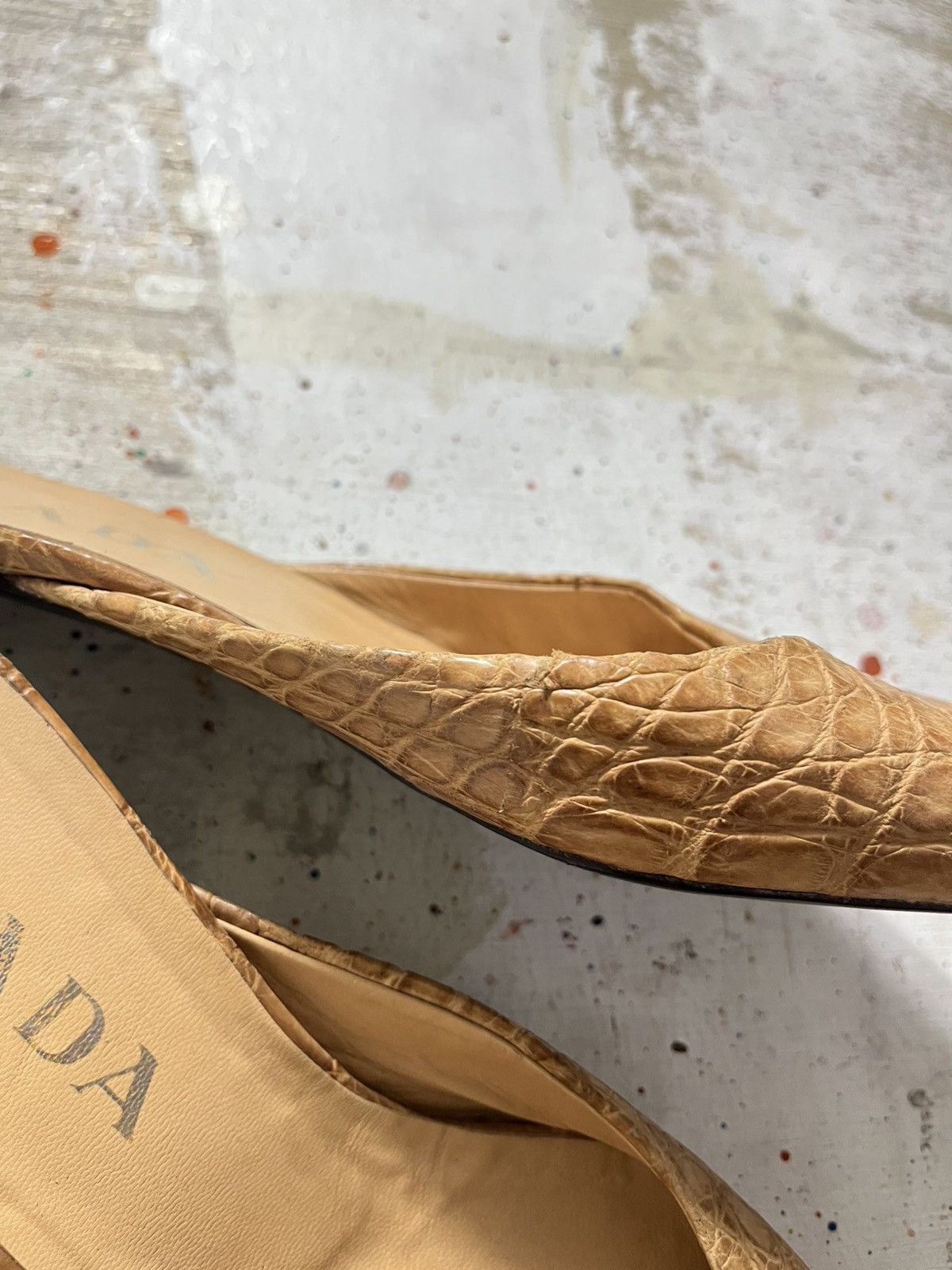 Prada Prada Tan Leather Crocodile Pattern Mules Size US 7 / IT 37 - 6 Thumbnail