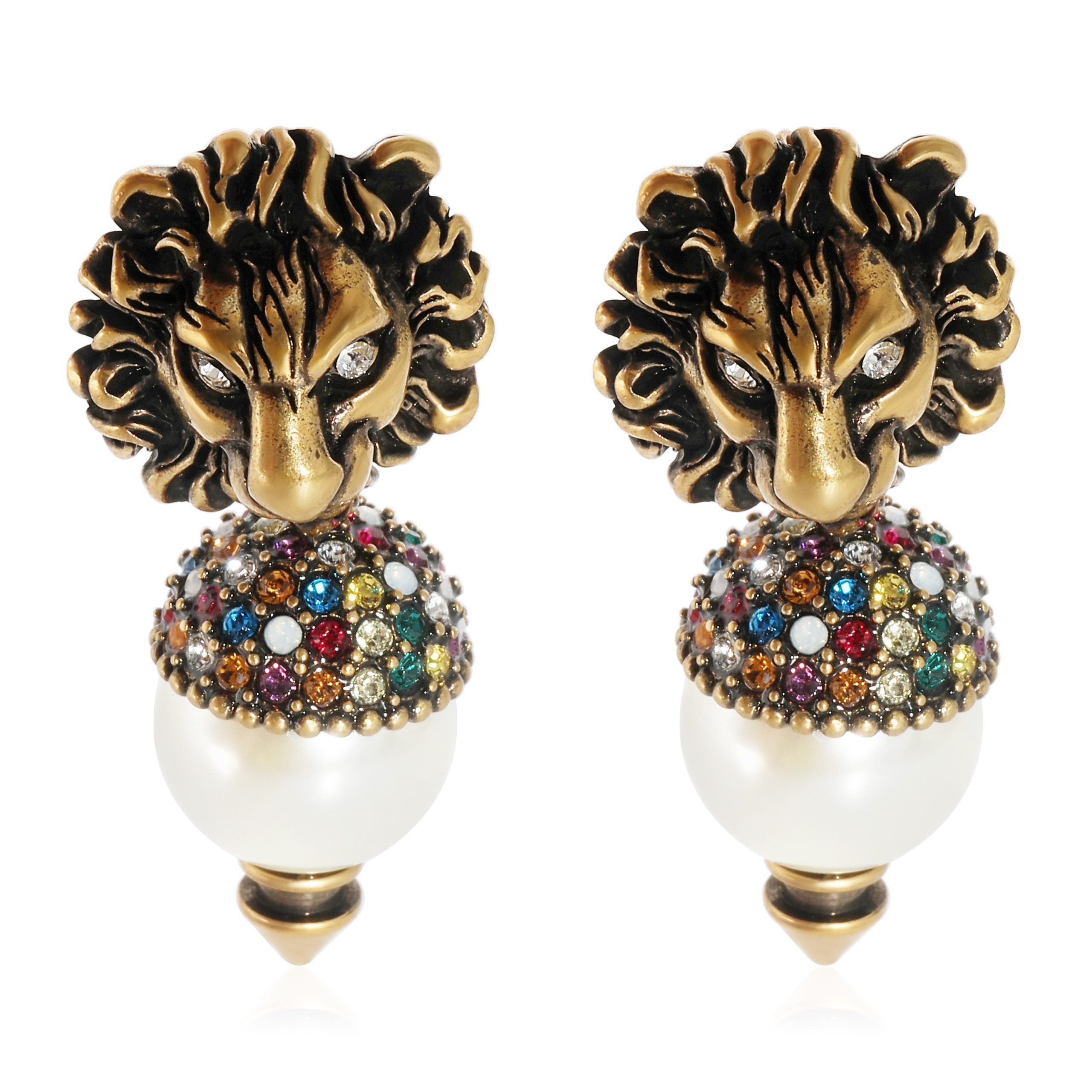 Gucci Gucci Lion Head Faux Pearl & Crystal Brass Tone Drop Earrings Size ONE SIZE - 1 Thumbnail