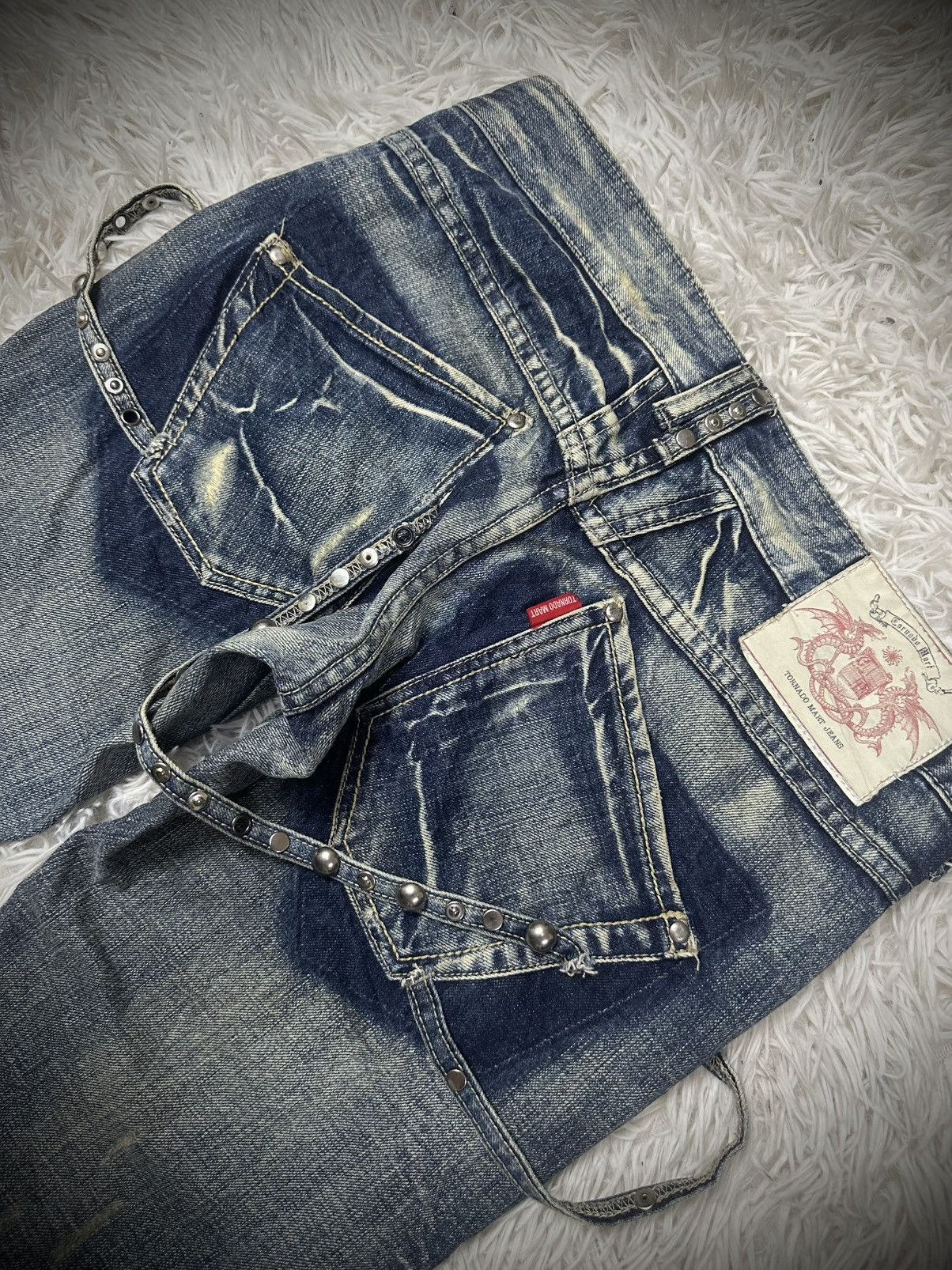 If Six Was Nine rare 2000s tornado mart straps studded flared denim jeans Size US 31 - 10 Thumbnail